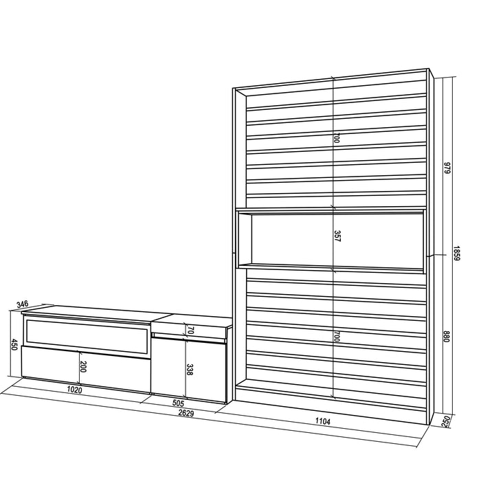 Mobile Soggiorno TV, 260x186x35cm, Per TV fino a 65", Camino elettrico RF 2536