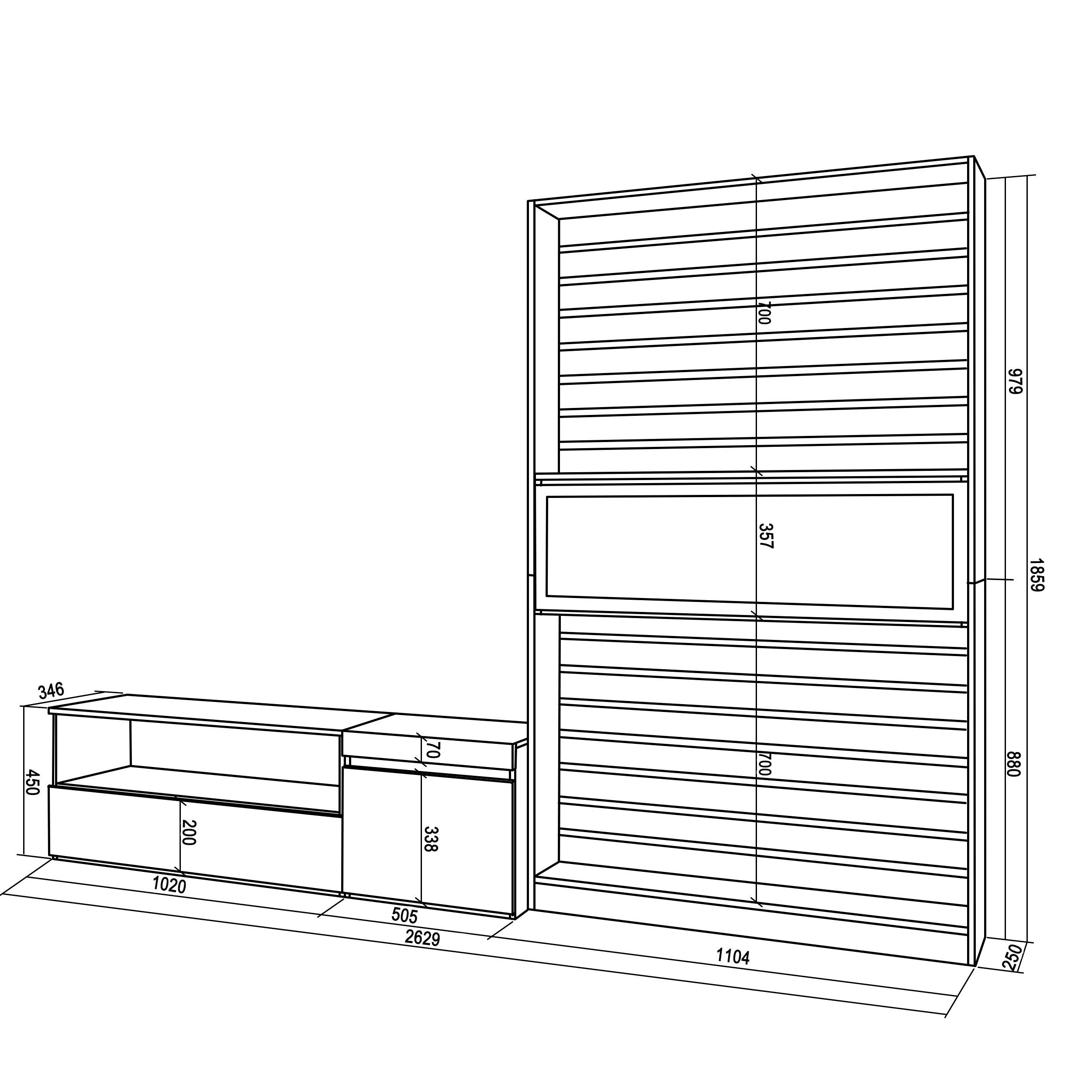 Mobile Soggiorno TV, 260x186x35cm, Per TV fino a 65", Camino elettrico RF 2537