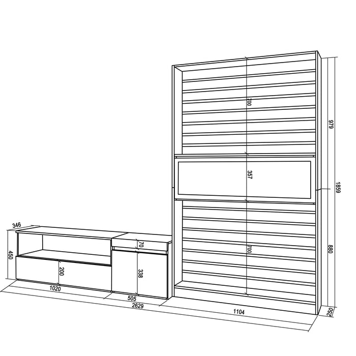 Mobile Soggiorno TV, 260x186x35cm, Per TV fino a 65", Camino elettrico RF 2537