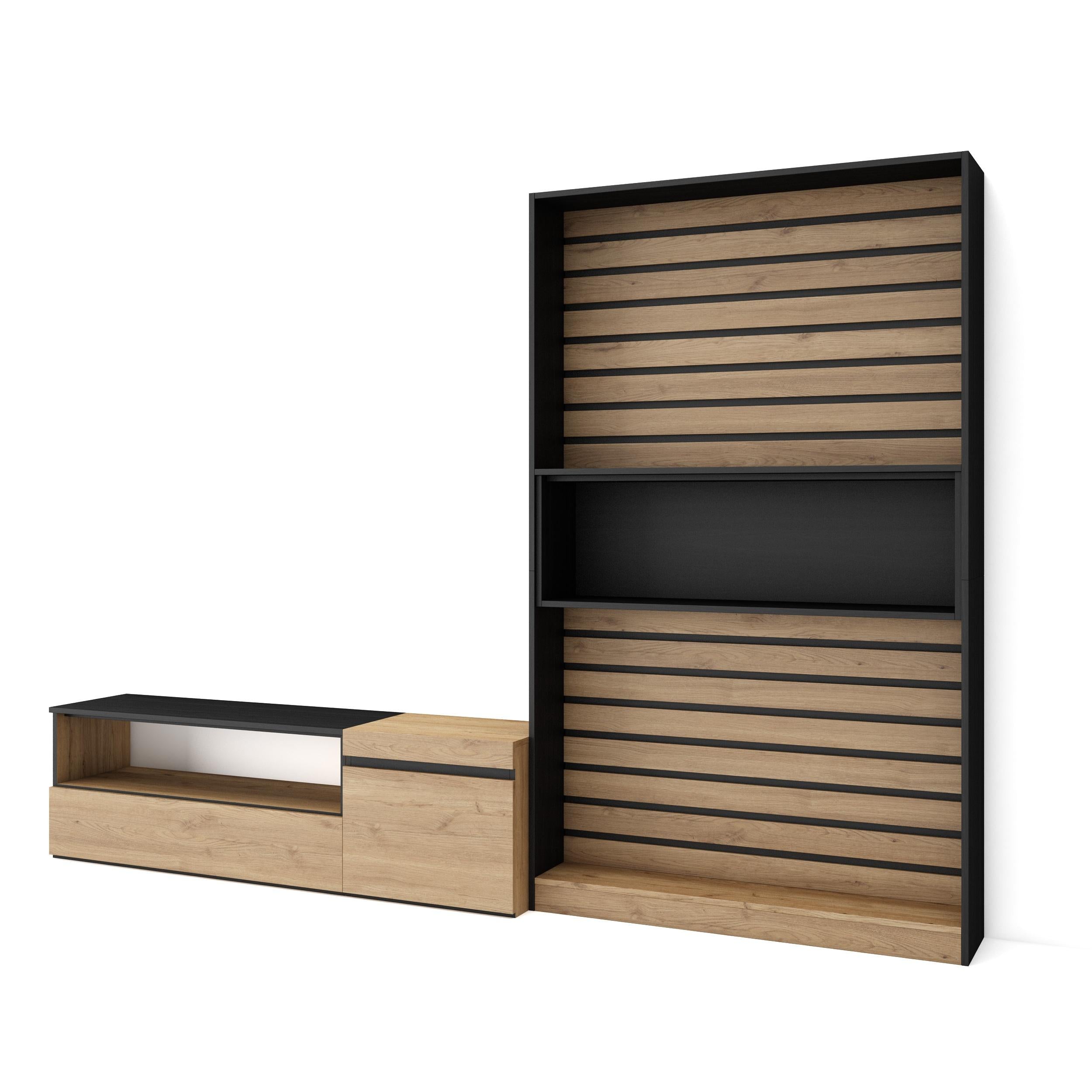 Mobile Soggiorno TV, 260x186x35cm, Per TV fino a 65", Rovere e nero RF 2535