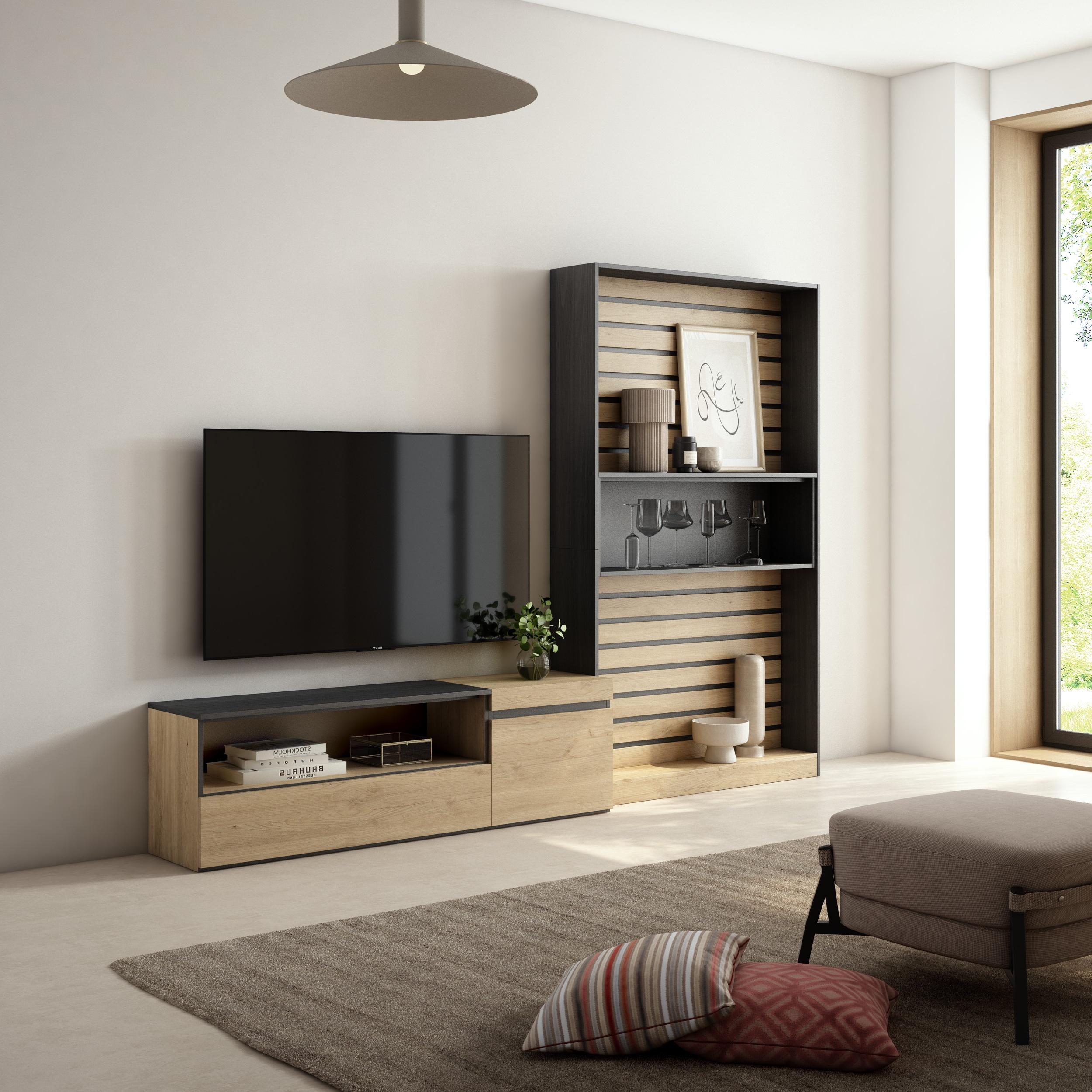 Mobile Soggiorno TV, 260x186x35cm, Per TV fino a 65", Rovere e nero RF 2535