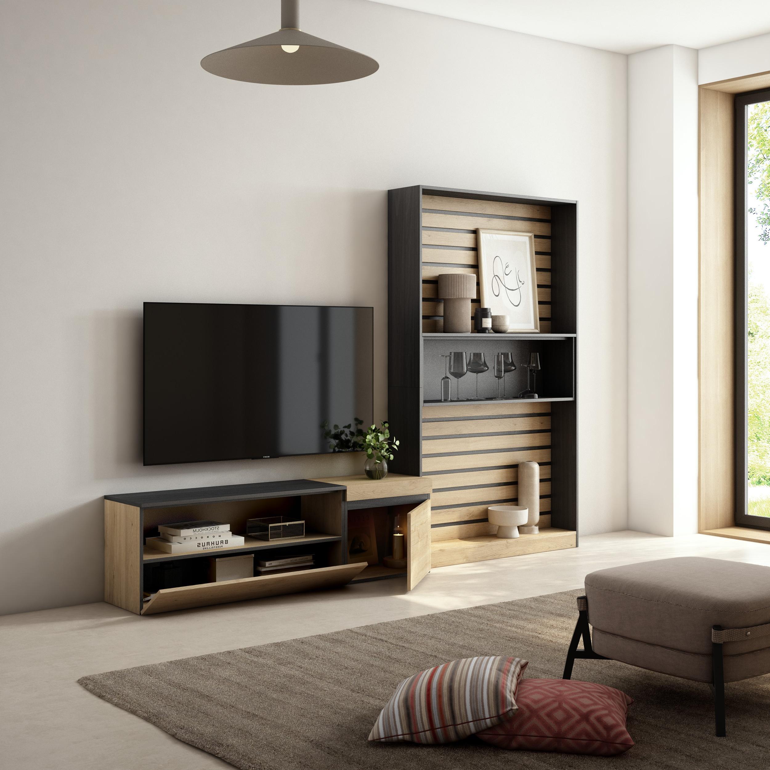 Mobile Soggiorno TV, 260x186x35cm, Per TV fino a 65", Rovere e nero RF 2535