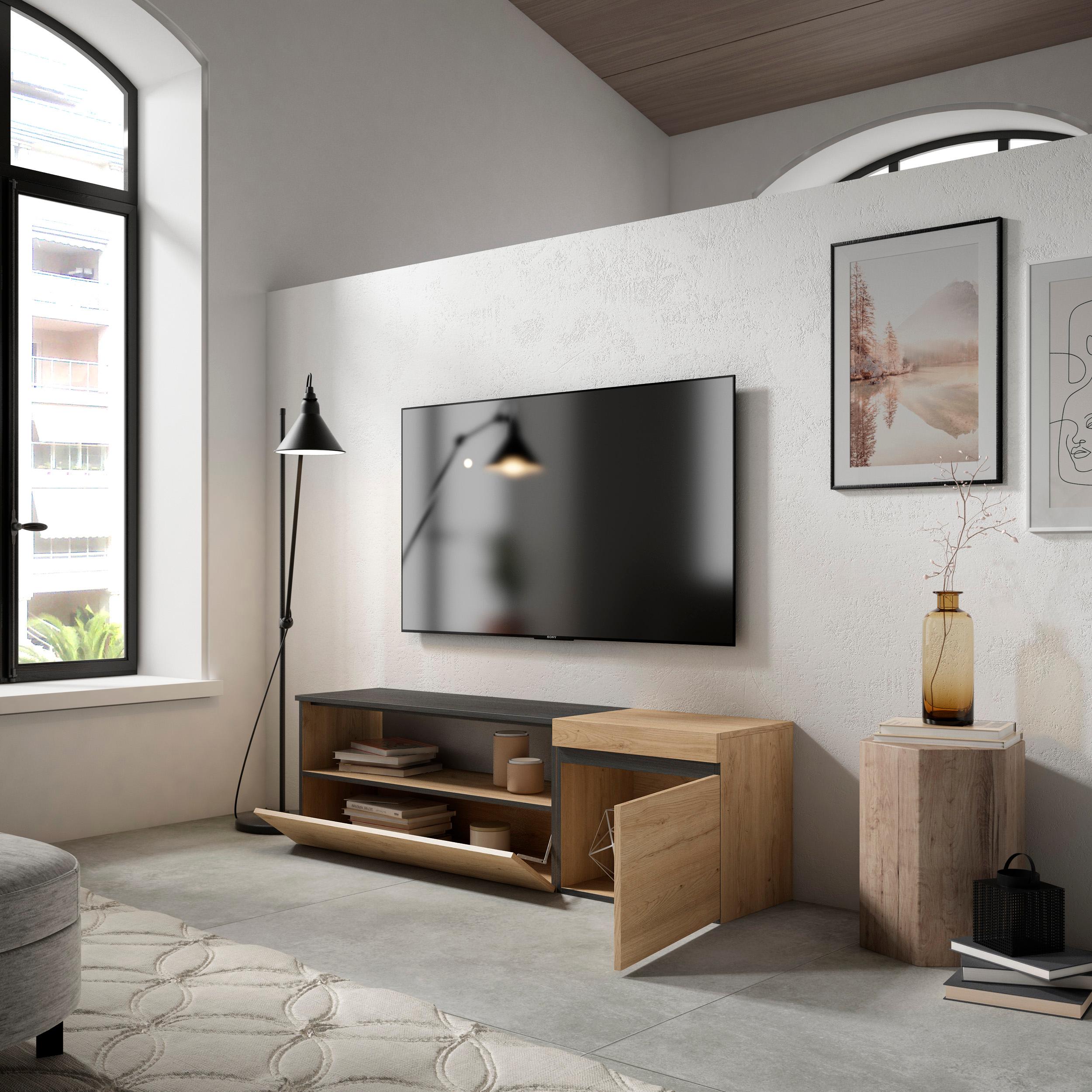 Mobile TV Soggiorno, 150x45x35cm, Per TV fino a 65", Mobile Soggiorno, Stile moderno, colore Rovere e nero