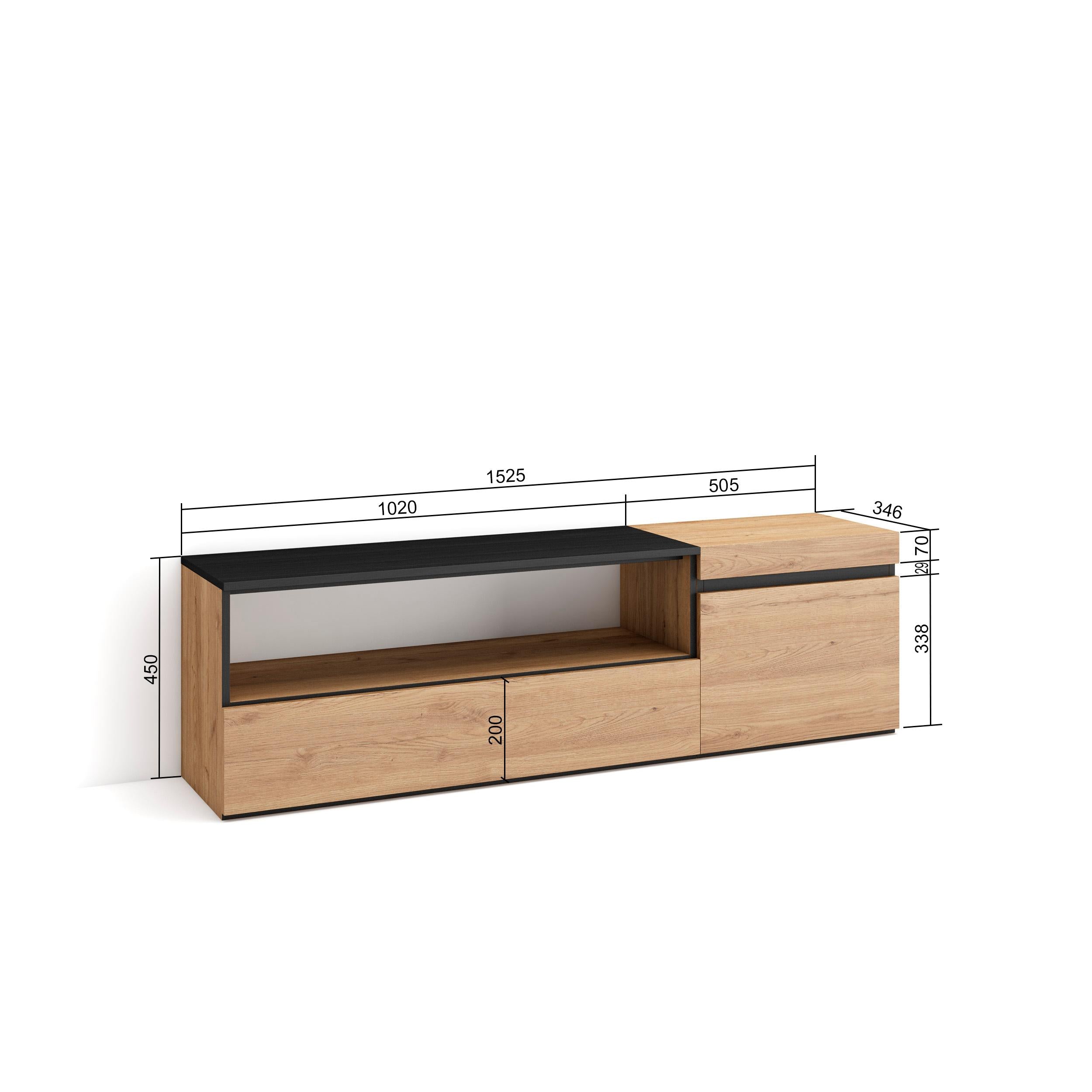 Mobile TV Soggiorno, 150x45x35cm, Per TV fino a 65", Mobile Soggiorno, Stile moderno, colore Rovere e nero