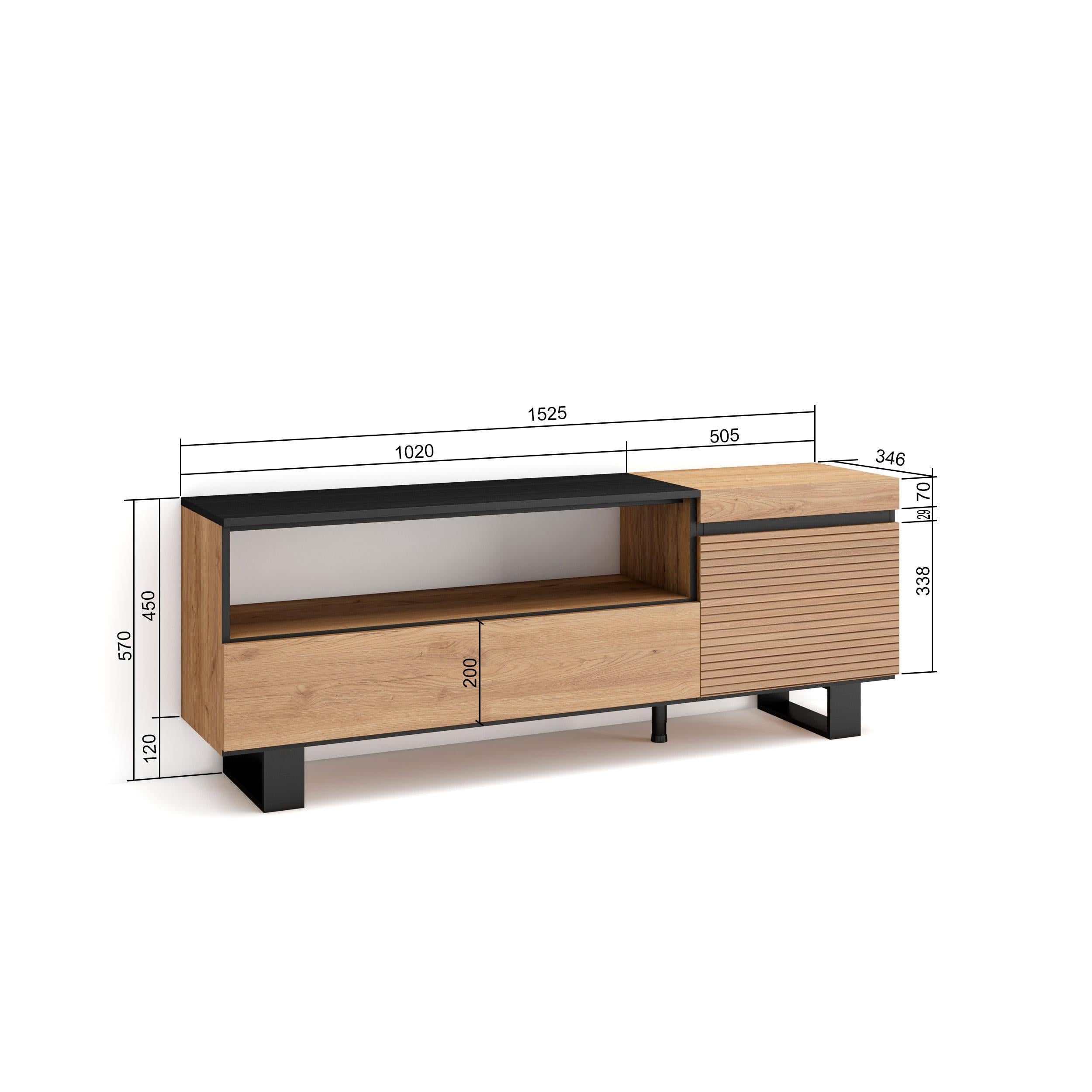 Mobile TV Soggiorno, 150x57x35cm, Per TV fino a 65", Design industriale, Rovere , RF3296