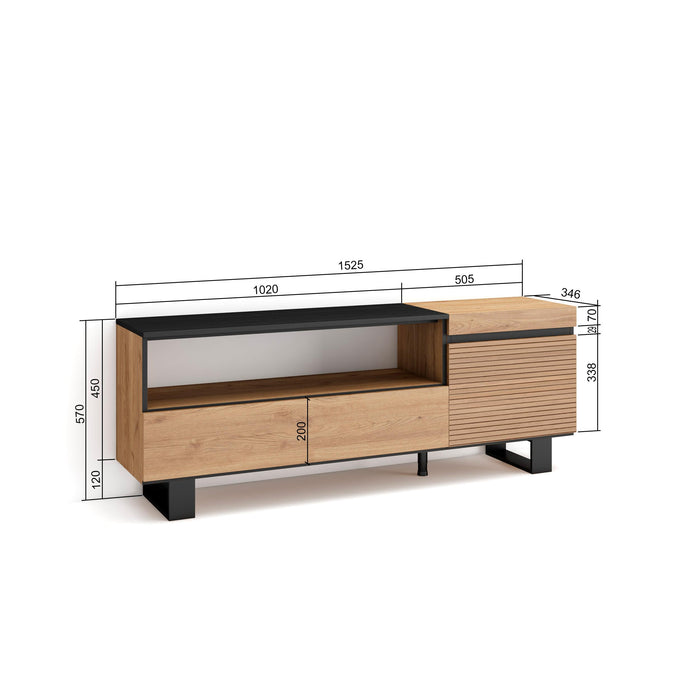 Mobile TV Soggiorno, 150x57x35cm, Per TV fino a 65", Design industriale, Rovere , RF3296