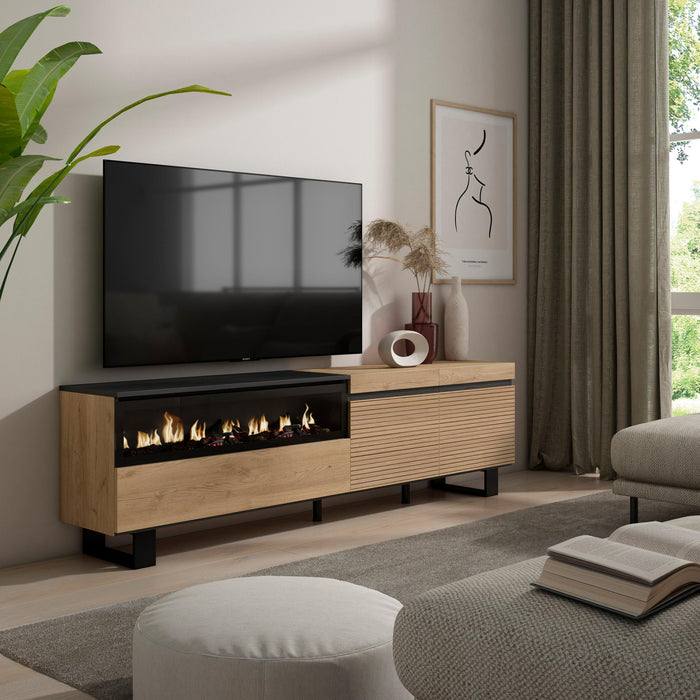 Mobile TV Soggiorno, 200x57x35cm, Per TV fino a 80", Camino elettrico, Design industriale, Rovere , RF3310