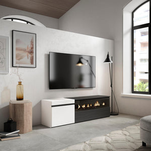 Mobile TV Soggiorno, 150x45x35cm, Per TV fino a 65", Camino elettrico, Stile moderno colore Bianco e nero