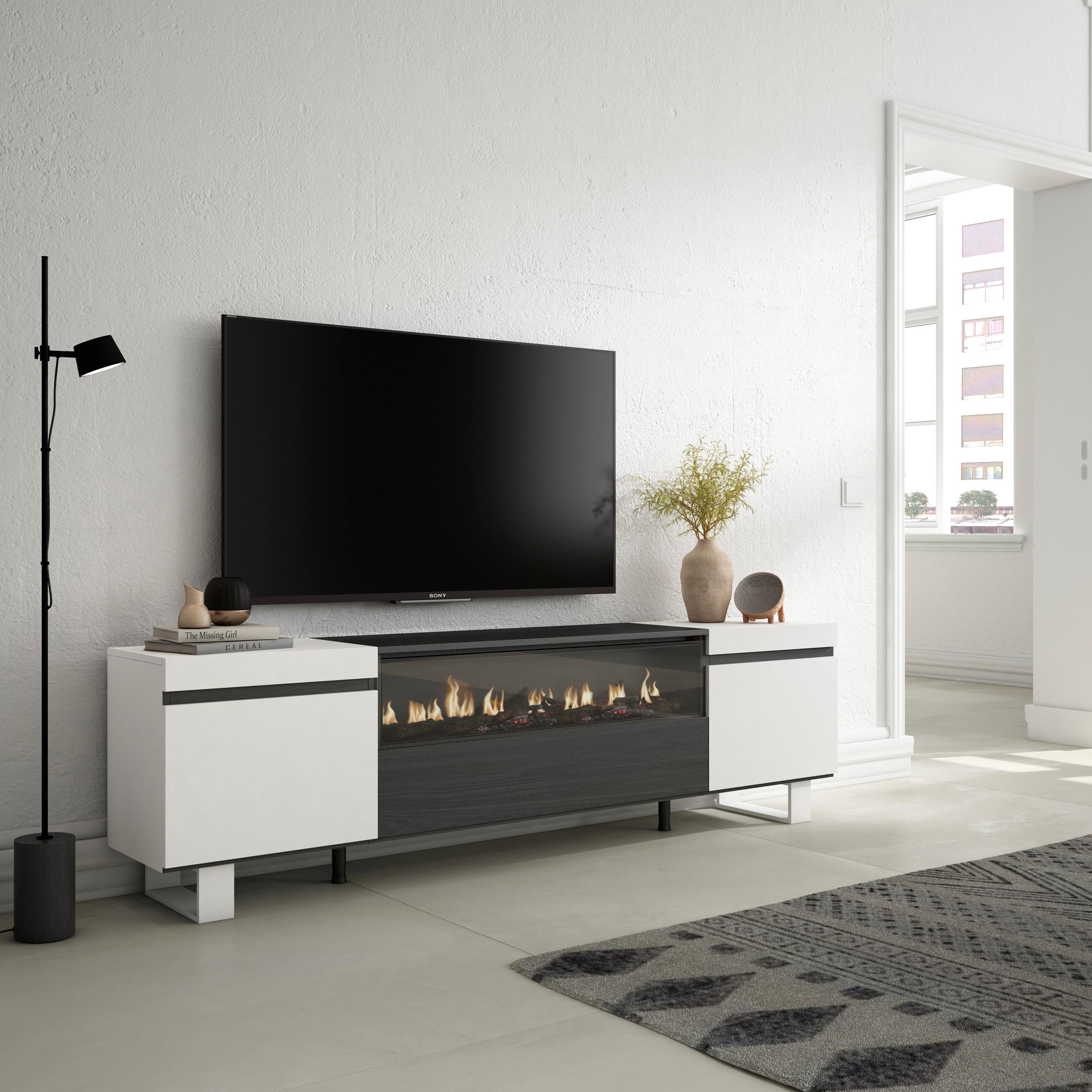 Mobile TV Soggiorno, 200x57x35cm, Per TV fino a 80", Camino elettrico, Stile moderno, colore Bianco e nero