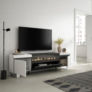 Mobile TV Soggiorno, 200x57x35cm, Per TV fino a 80", Camino elettrico, Stile moderno, colore Bianco e nero