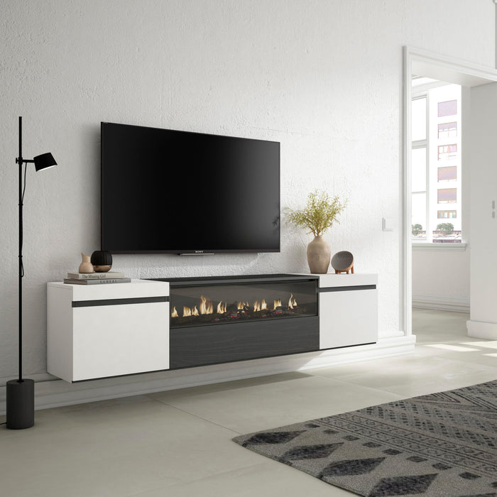 Mobile TV Soggiorno, 200x45x35cm, Per TV fino a 80", Camino elettrico, Sospeso, da appendere, Stile moderno, Bianco e nero