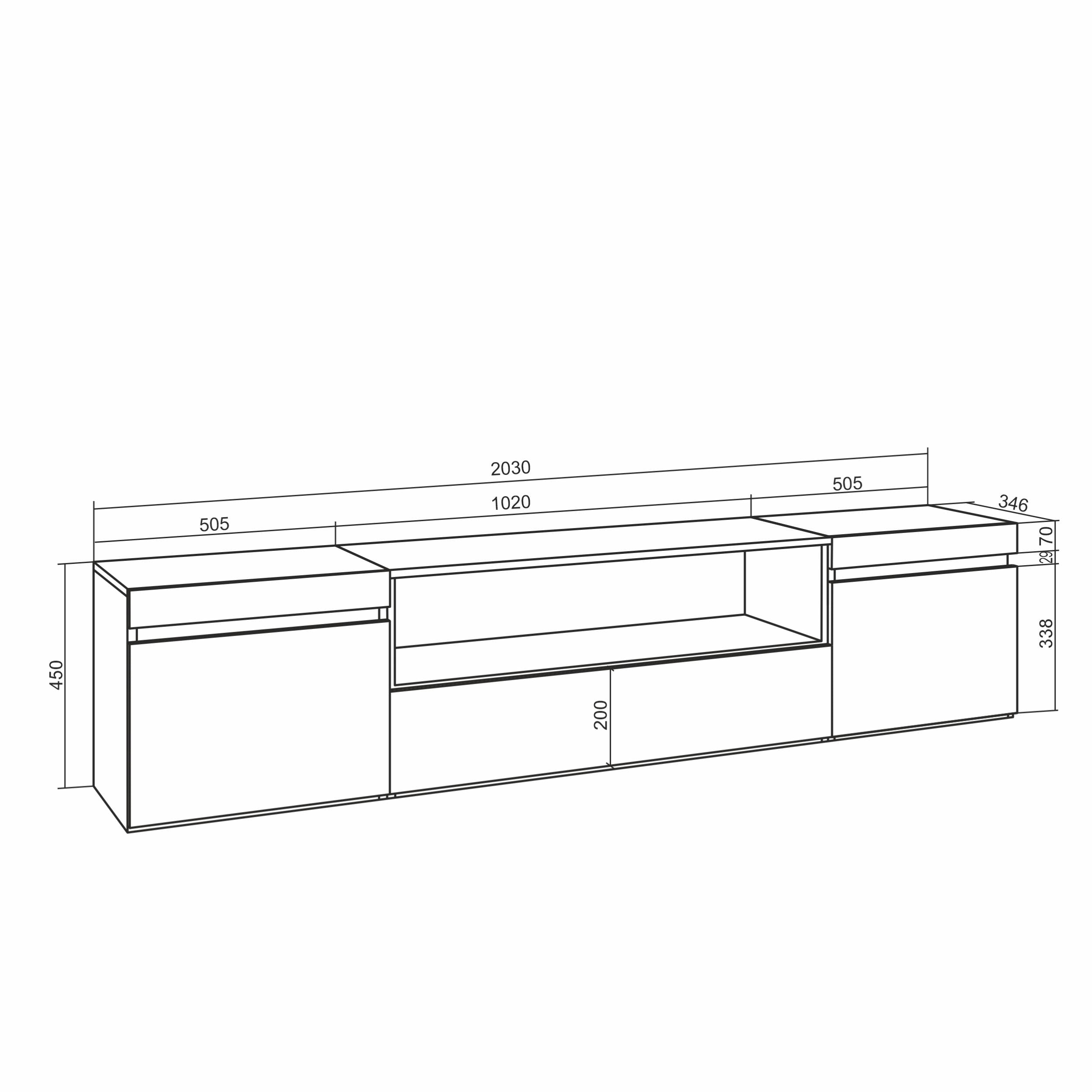 Mobile TV Soggiorno, 200x45x35cm, Per TV fino a 80", Camino elettrico, Sospeso, da appendere, Stile moderno, Bianco e nero