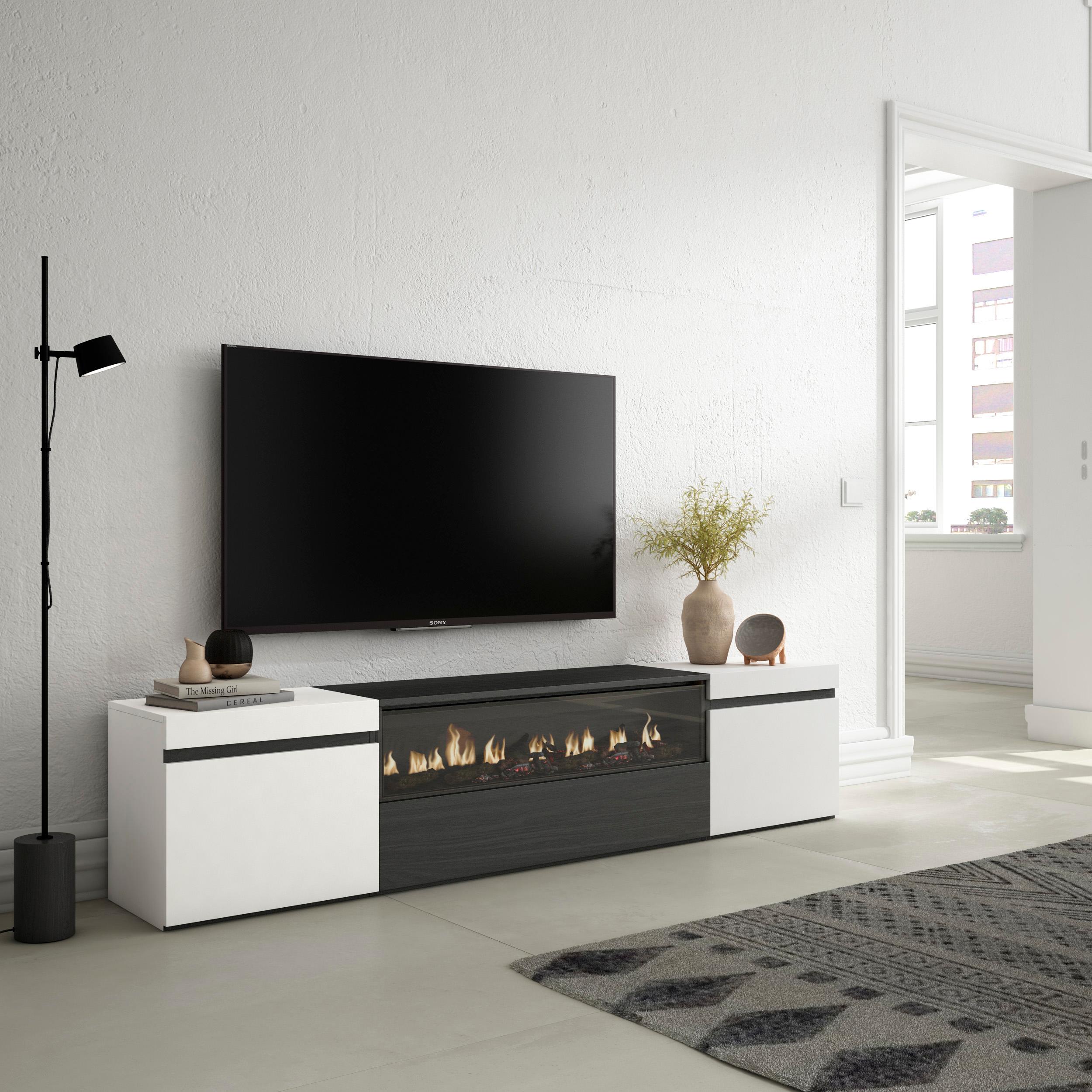 Mobile TV Soggiorno, 200x45x35cm, Per TV fino a 80", Camino elettrico, Stile moderno, colore Bianco e nero