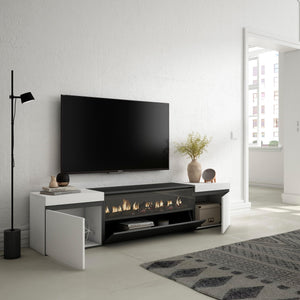 Mobile TV Soggiorno, 200x45x35cm, Per TV fino a 80", Camino elettrico, Stile moderno, colore Bianco e nero