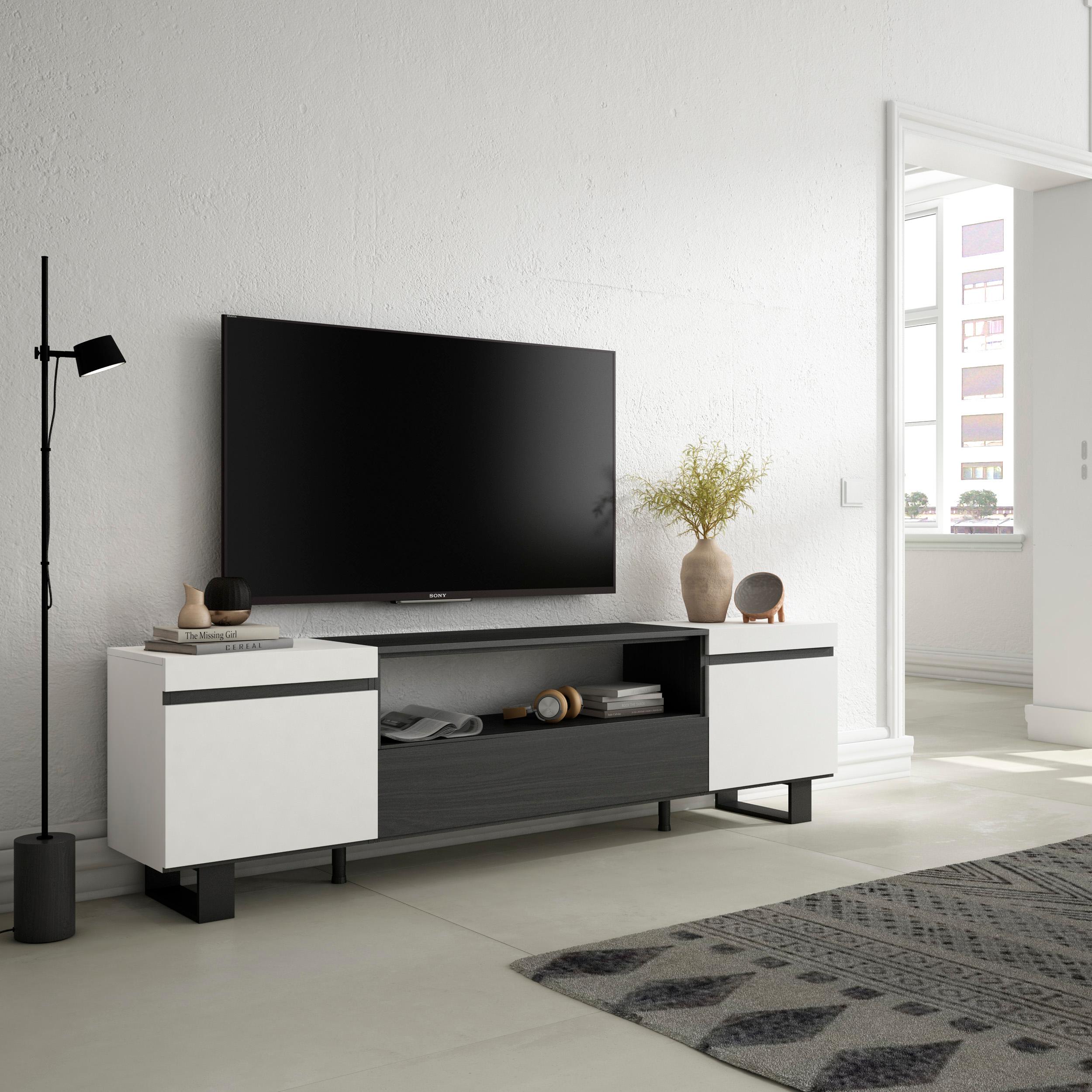 Mobile TV Soggiorno, 200x57x35cm, Per TV fino a 80", Design industriale, Stile moderno, Bianco e nero