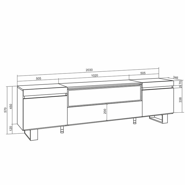 Mobile TV Soggiorno, 200x57x35cm, Per TV fino a 80", Design industriale, Stile moderno, Bianco e nero