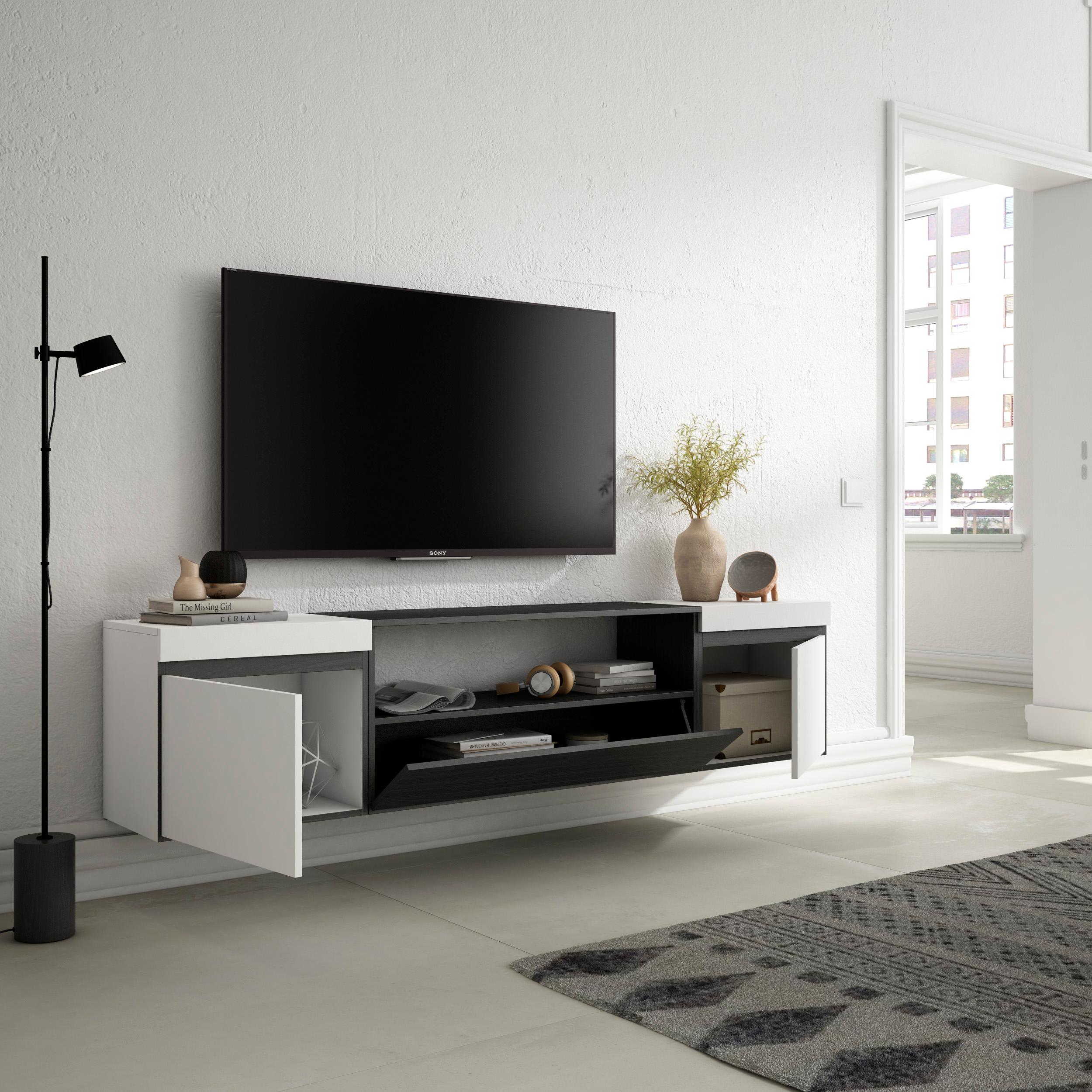 Mobile TV Soggiorno, 200x45x35cm, Per TV fino a 80", Sospeso, da appendere, Stile moderno, colore Bianco e nero