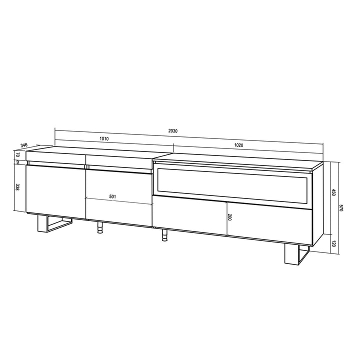 Mobile TV, 200x35x57cm, soggiorno, Per TV fino a 80", Camino elettrico, Design industriale, Bianco e nero RF2176