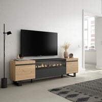 Mobile TV Soggiorno, 200x57x35cm, Per TV fino a 80", Camino elettrico, Design industriale, Stile moderno, Rovere e nero