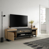 Mobile TV Soggiorno, 200x57x35cm, Per TV fino a 80", Camino elettrico, Design industriale, Stile moderno, Rovere e nero