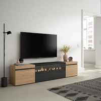 Mobile TV Soggiorno, 200x45x35cm, Per TV fino a 80", Camino elettrico, Stile moderno, Rovere e nero