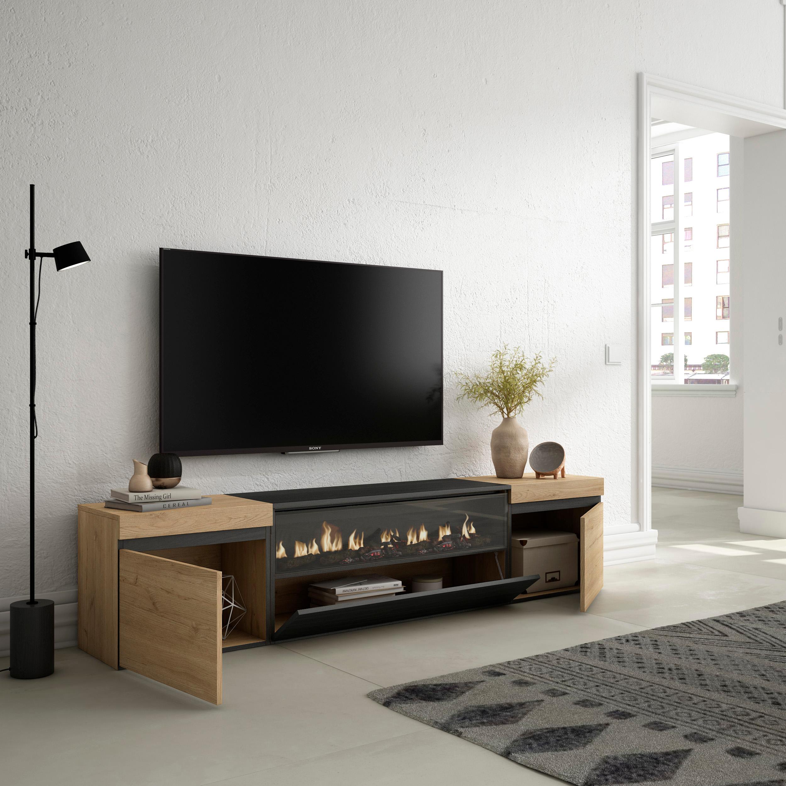 Mobile TV Soggiorno, 200x45x35cm, Per TV fino a 80", Camino elettrico, Stile moderno, Rovere e nero