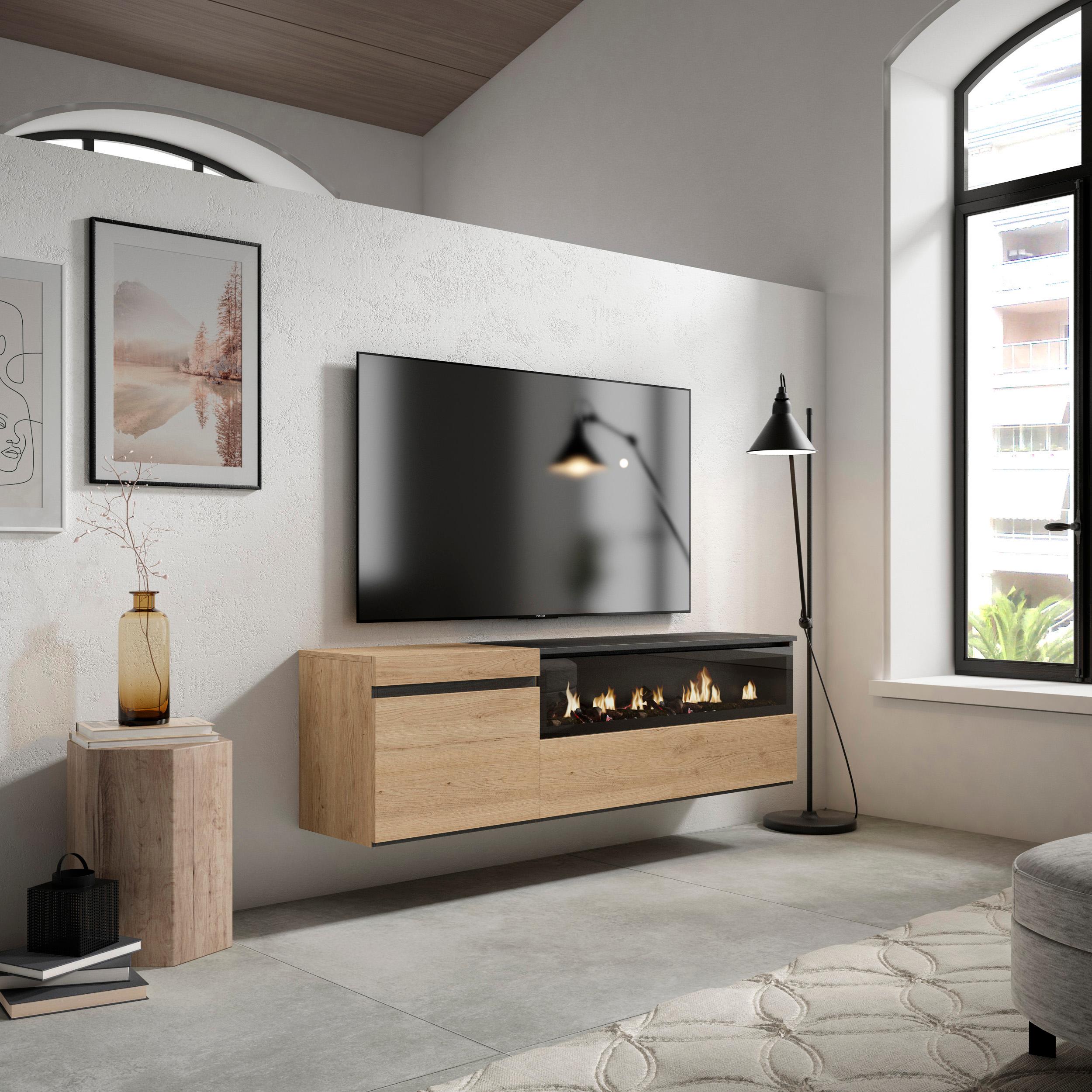 Mobile TV Soggiorno, 150x45x35cm, Per TV fino a 65", Camino elettrico da appendere, Stile moderno, Rovere e nero