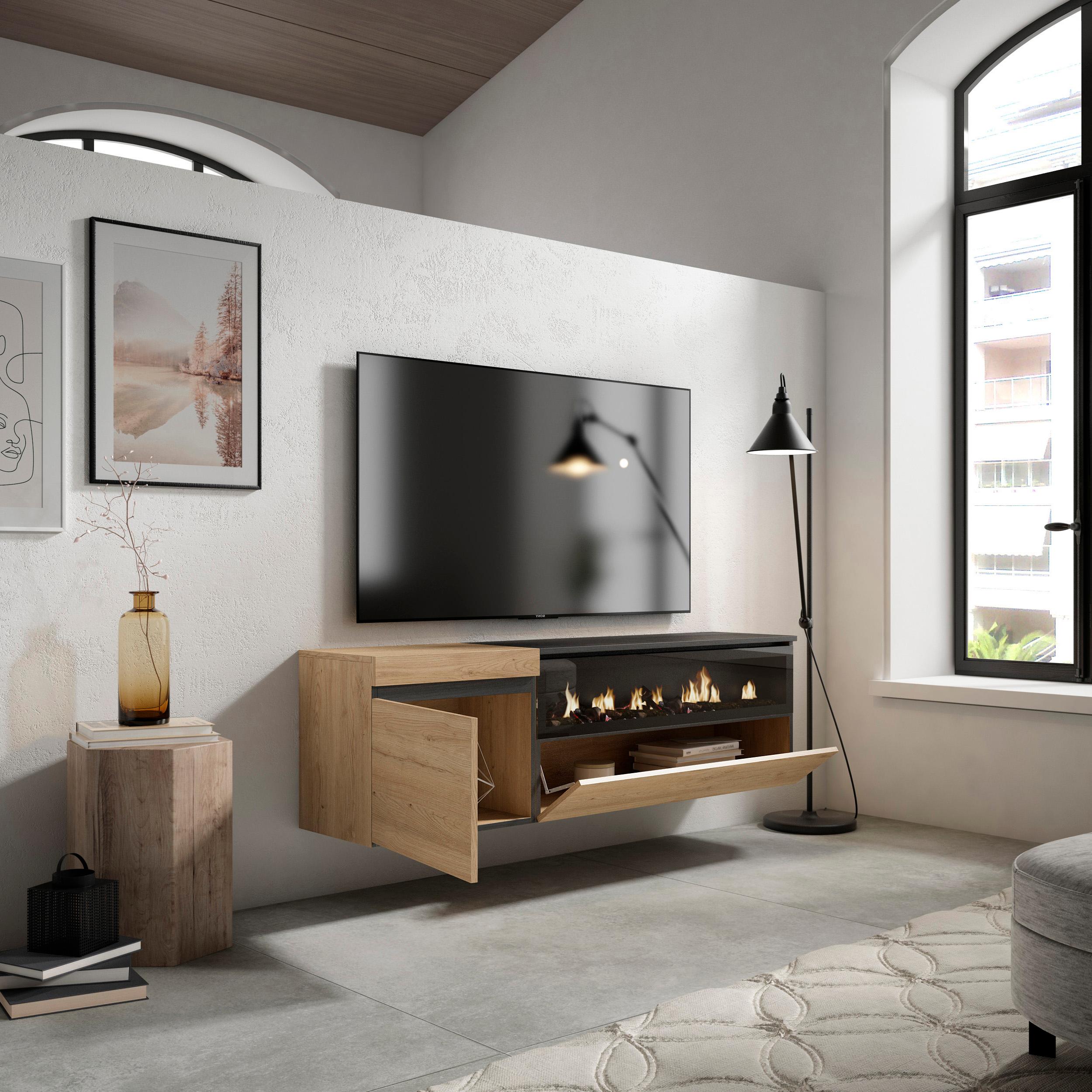 Mobile TV Soggiorno, 150x45x35cm, Per TV fino a 65", Camino elettrico da appendere, Stile moderno, Rovere e nero