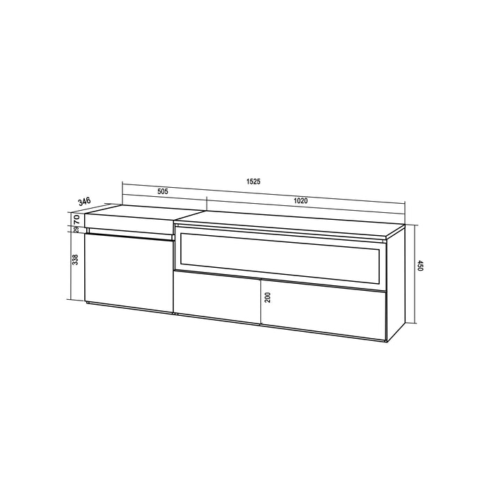 Mobile TV Soggiorno, 150x45x35cm, Per TV fino a 65", Camino elettrico da appendere, Stile moderno, Rovere e nero