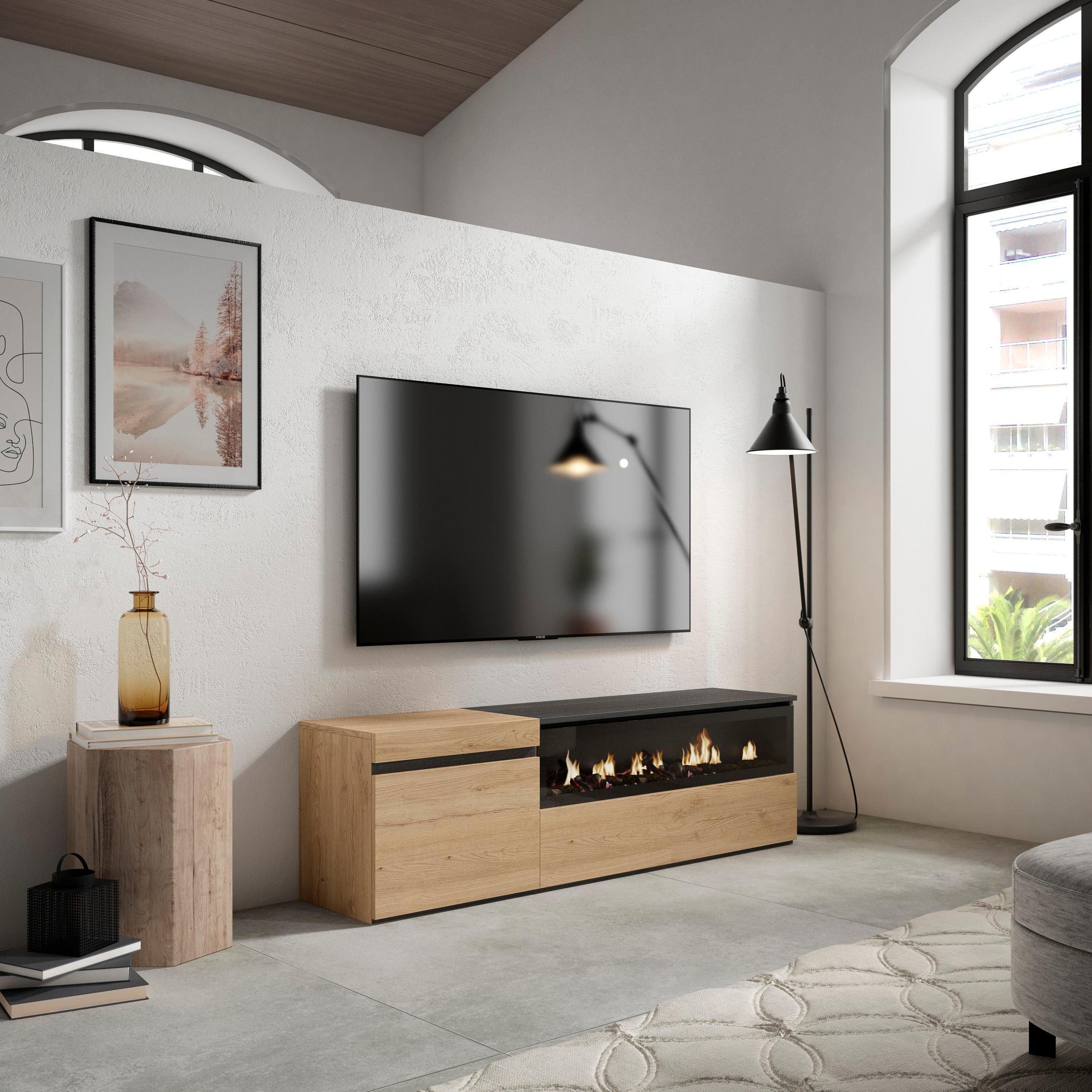 Mobile TV Soggiorno, 150x35x45cm, Per TV fino a 65", Camino elettrico, colore Rovere e nero RF2436