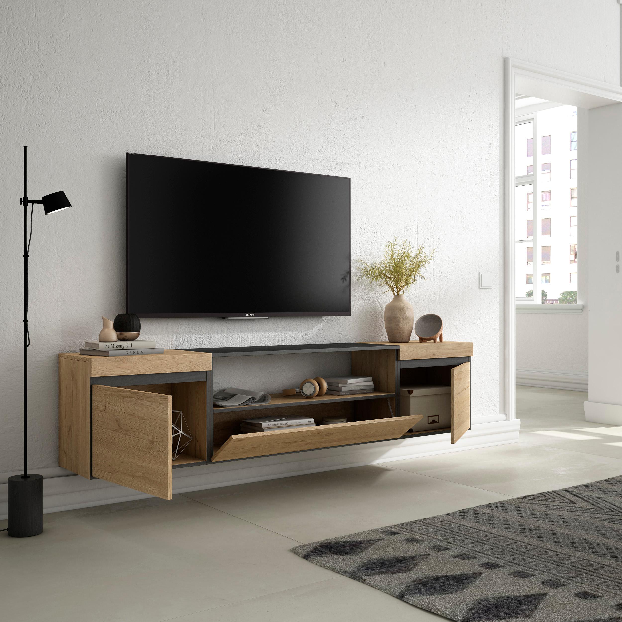 Mobile TV Soggiorno, 200x45x35cm, Per TV fino a 80", Sospeso, da appendere, Stile moderno, colore Rovere e nero