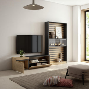 Mobile TV, Soggiorno, 260x35x186cm, Per TV fino a 65", Camino elettrico, colore Rovere e nero RF2540