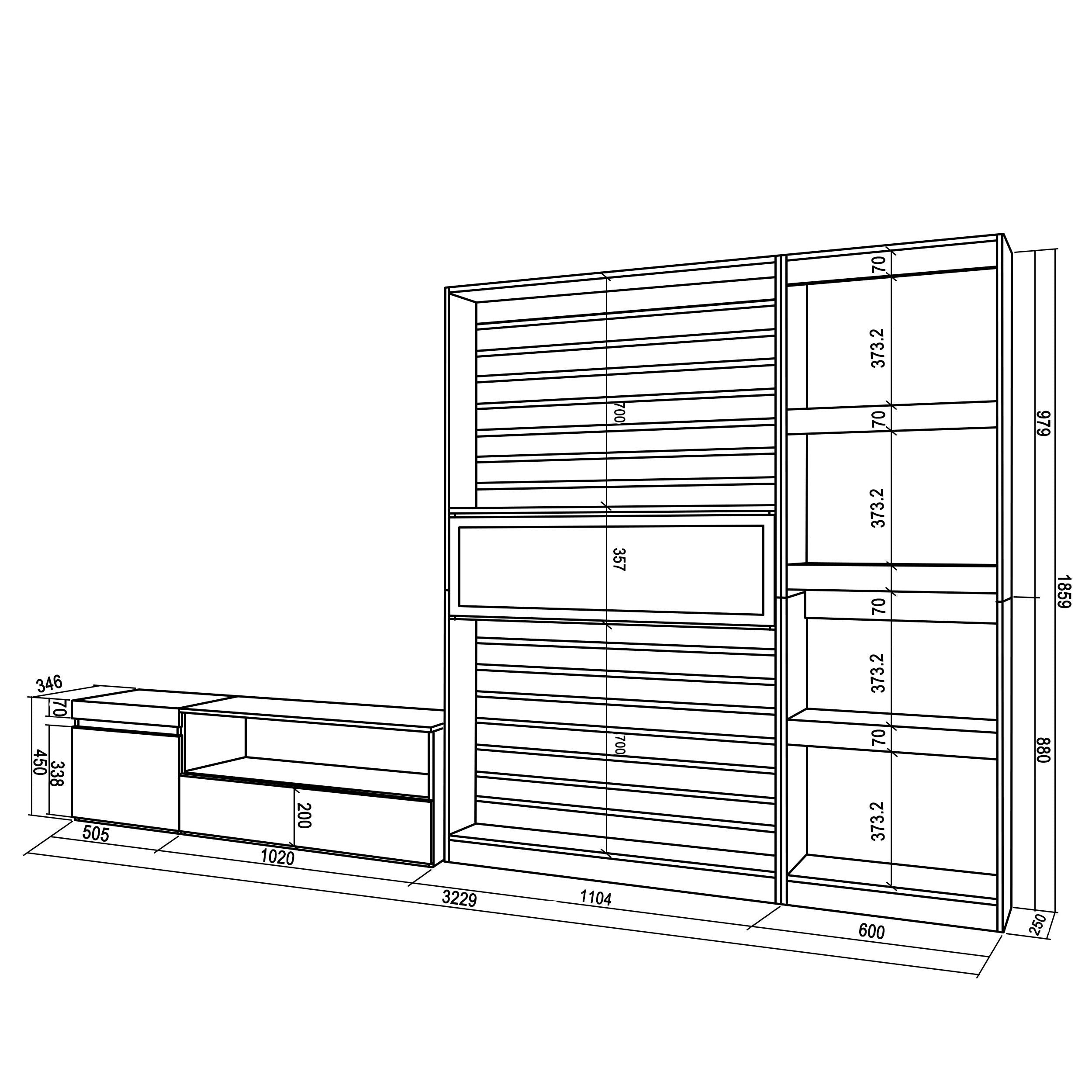 Mobile Soggiorno TV, 320x186x35cm, Camino elettrico RF 2600