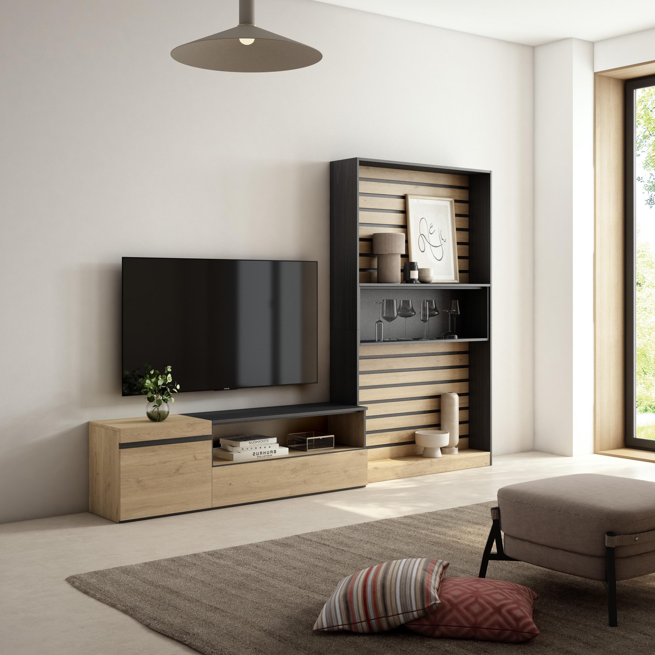 Mobile Soggiorno TV, 260x186x35cm, Per TV fino a 65", Rovere e nero RF 2538