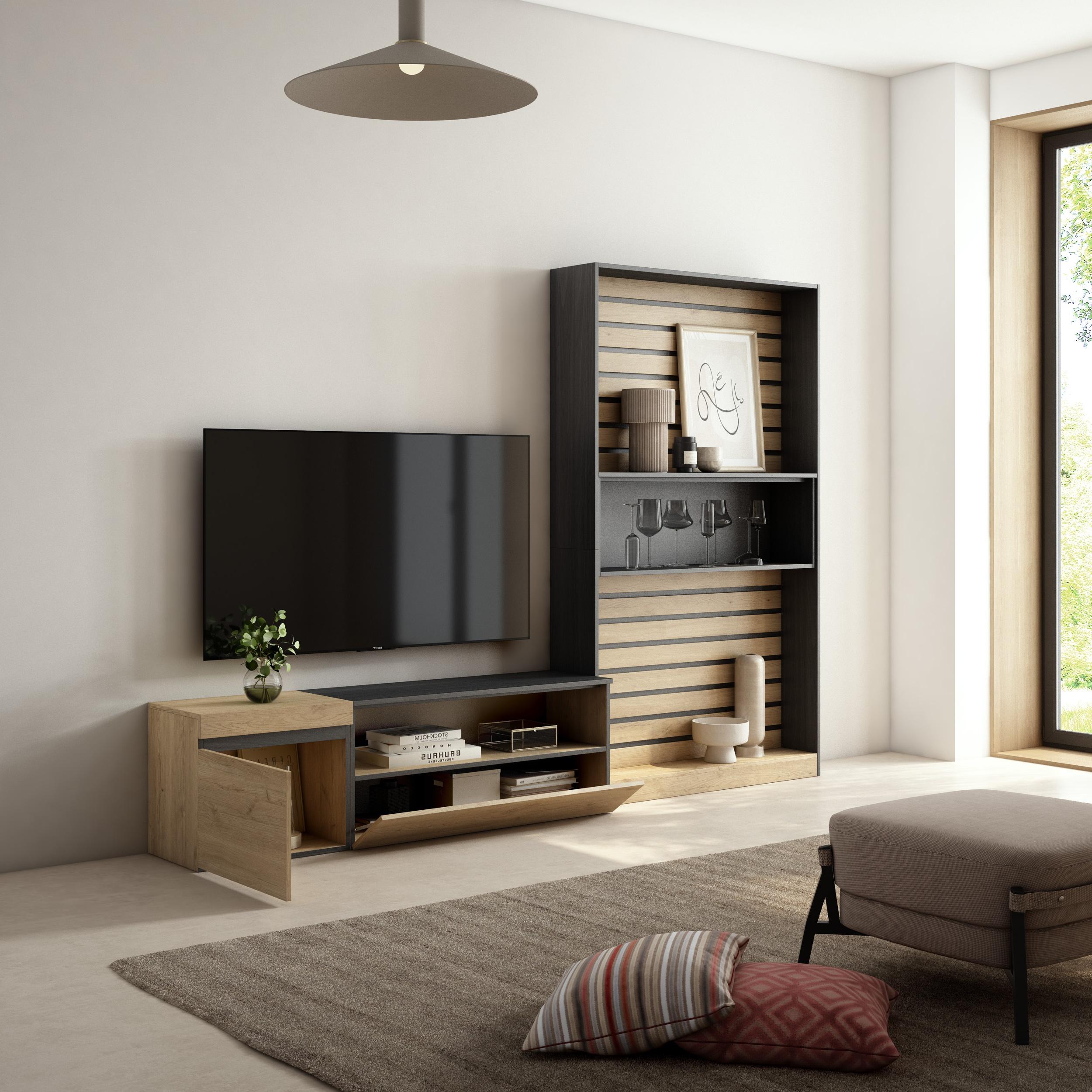 Mobile Soggiorno TV, 260x186x35cm, Per TV fino a 65", Rovere e nero RF 2538