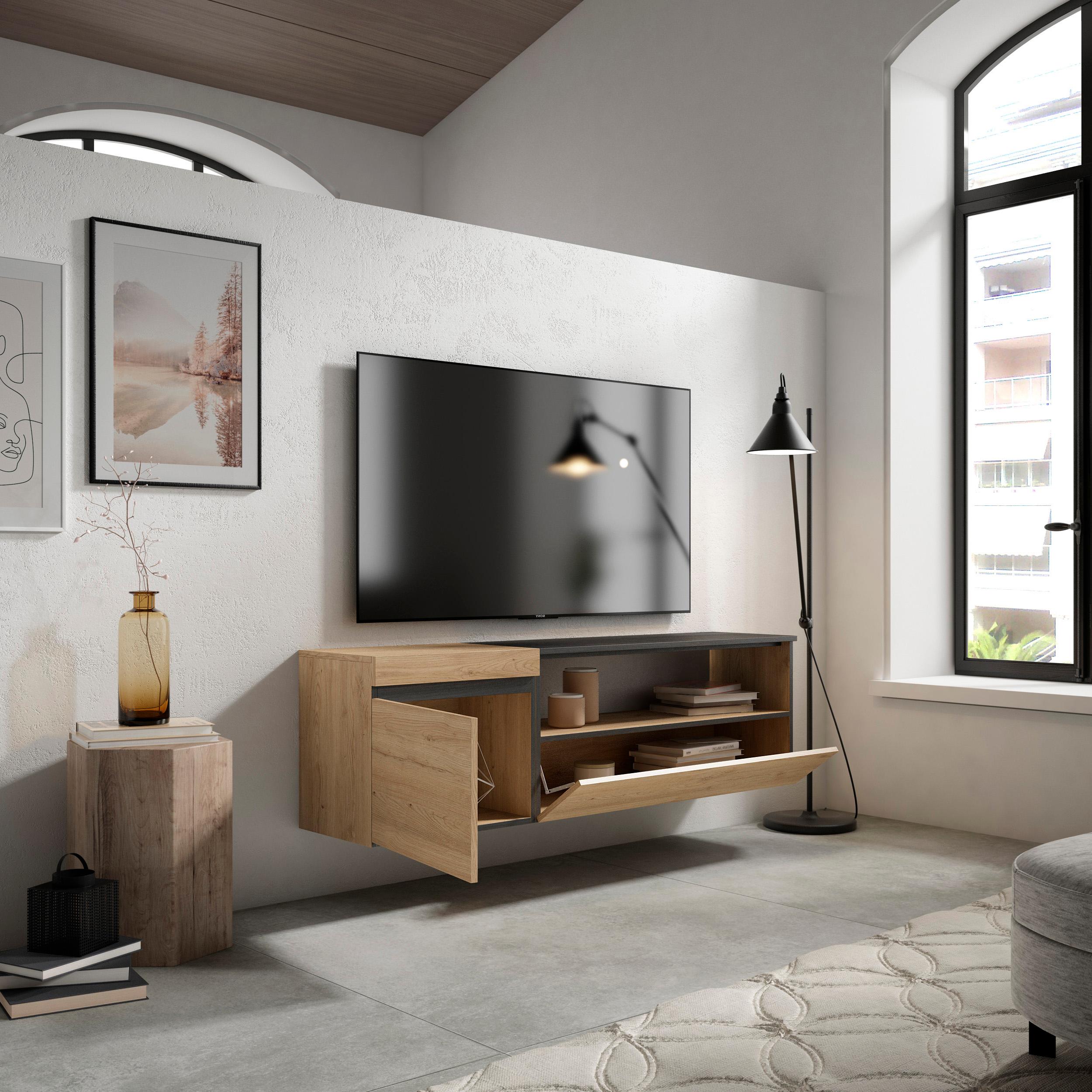 Mobile TV Soggiorno, 150x45x35cm, Per TV fino a 65", Sospeso, da appendere, Stile moderno, colore Rovere e nero