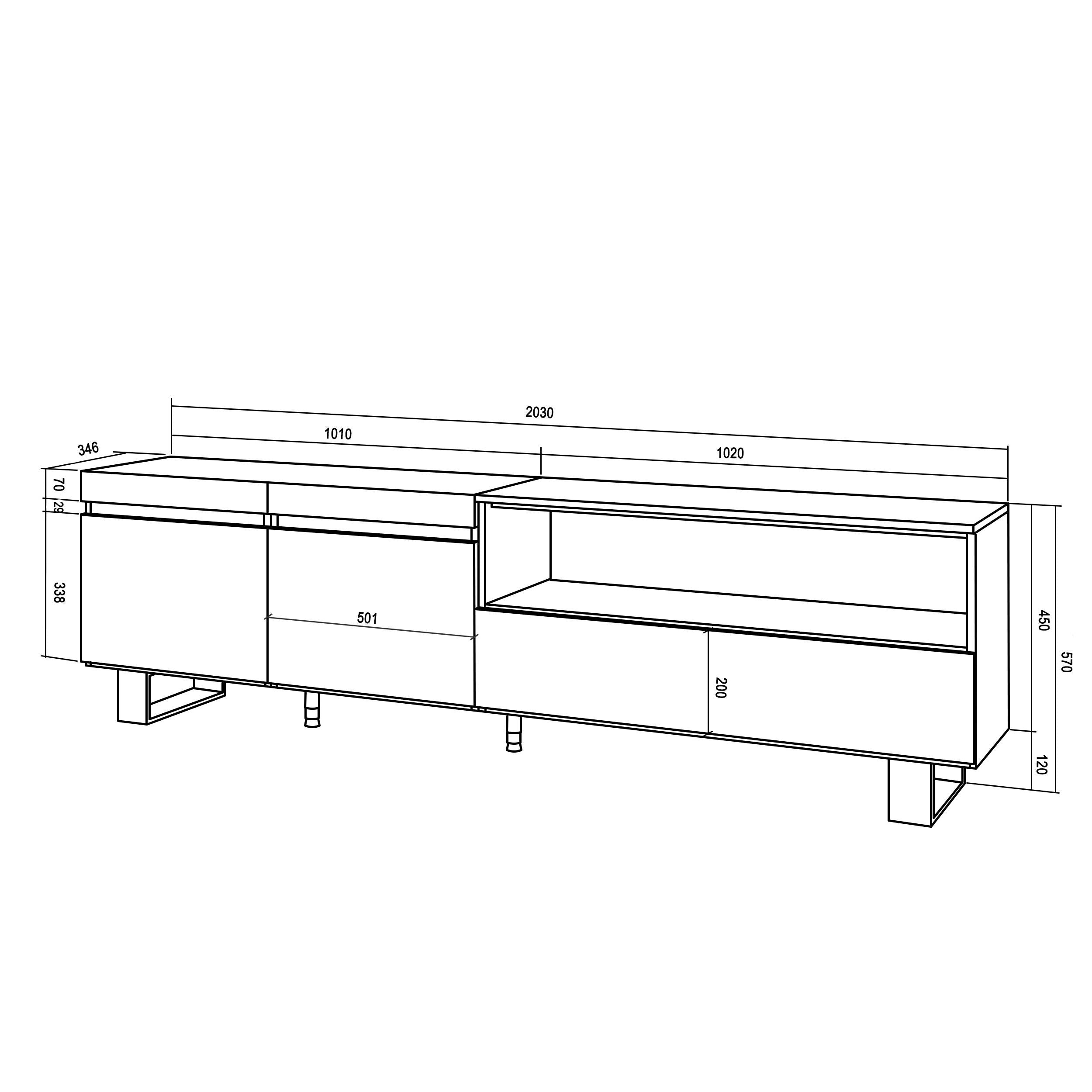 Mobile TV Soggiorno 200x57x35cm, Per TV fino a 80 pollici Design industriale, Stile moderno colore Rovere e nero