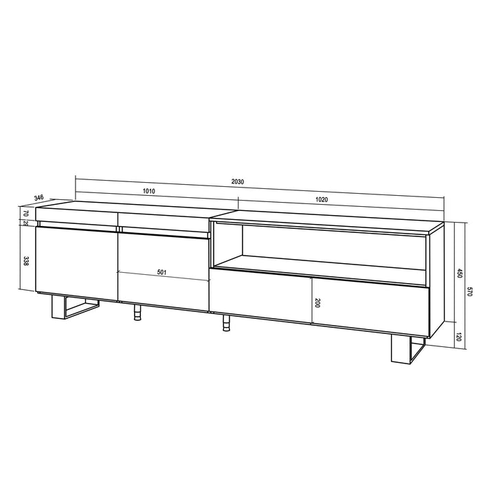 Mobile TV Soggiorno 200x57x35cm, Per TV fino a 80 pollici Design industriale, Stile moderno colore Rovere e nero