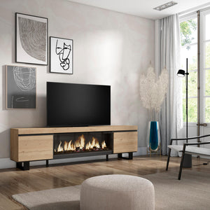 Mobile TV Soggiorno, 208x35x57cm, Per TV fino a 80", Camino elettrico XXL, Design industriale, colore Rovere RF3277