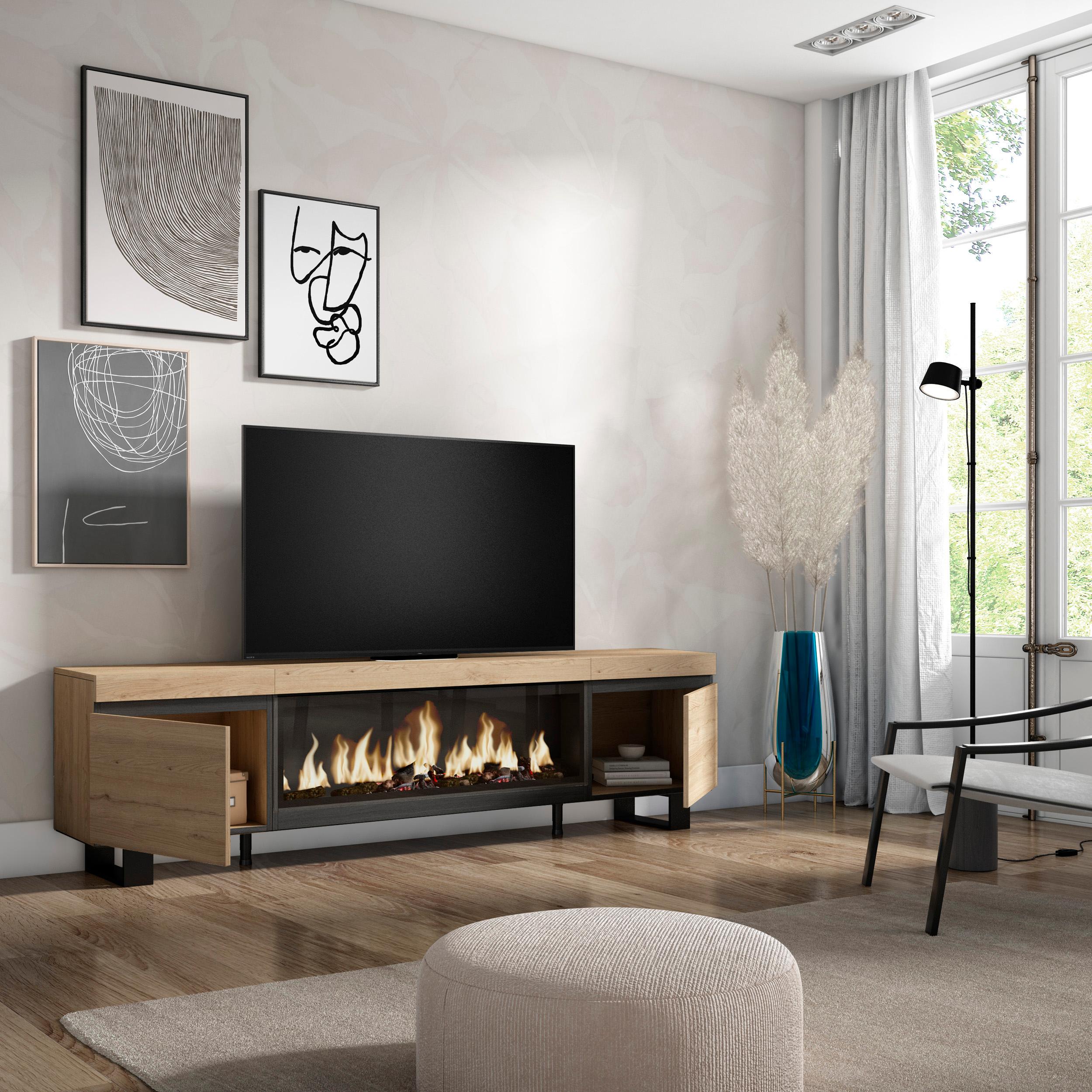 Mobile TV Soggiorno, 208x35x57cm, Per TV fino a 80", Camino elettrico XXL, Design industriale, colore Rovere RF3277