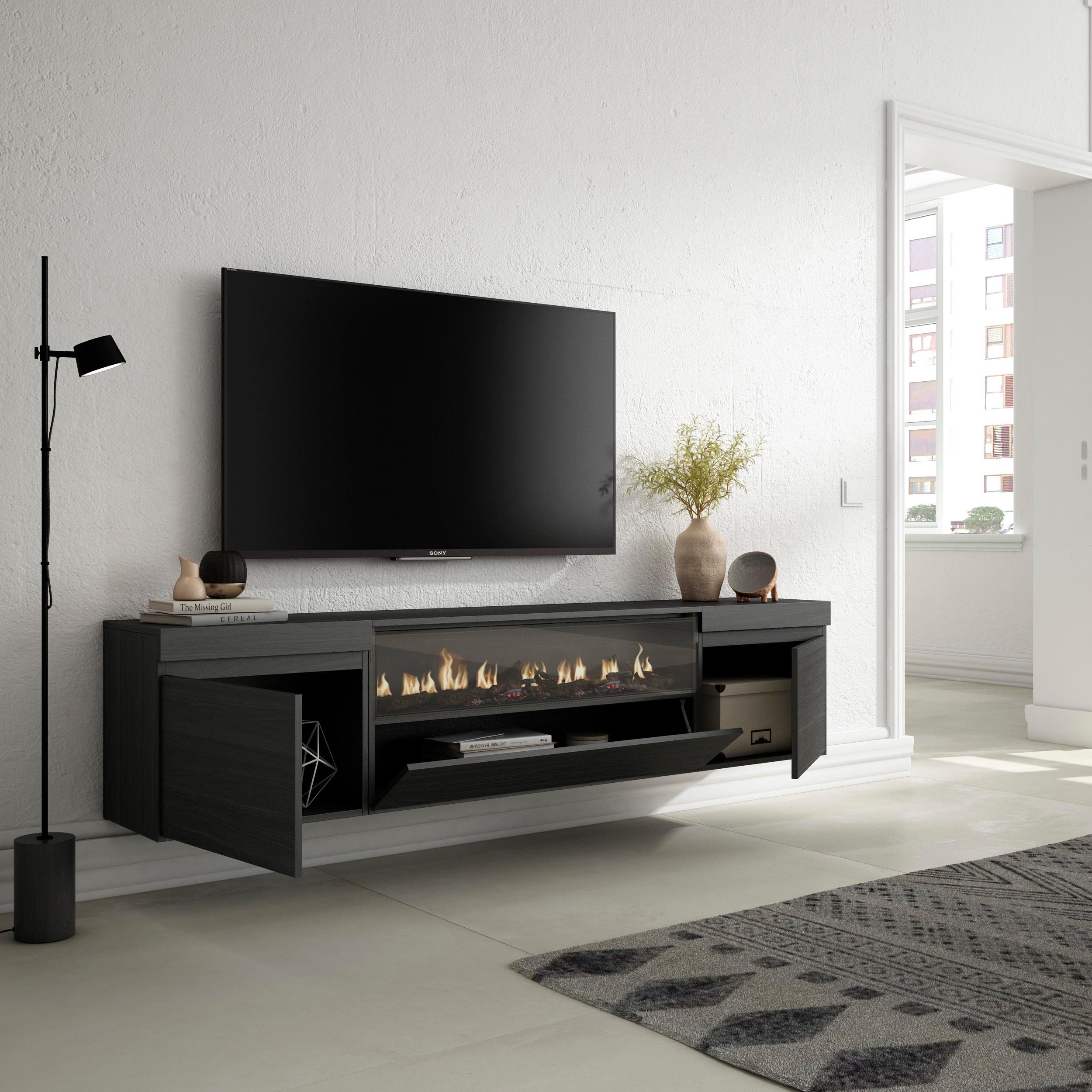 Mobile TV Soggiorno, 200x45x35cm, Per TV fino a 80", Camino elettrico, Sospeso, da appendere, Stile moderno, Nero