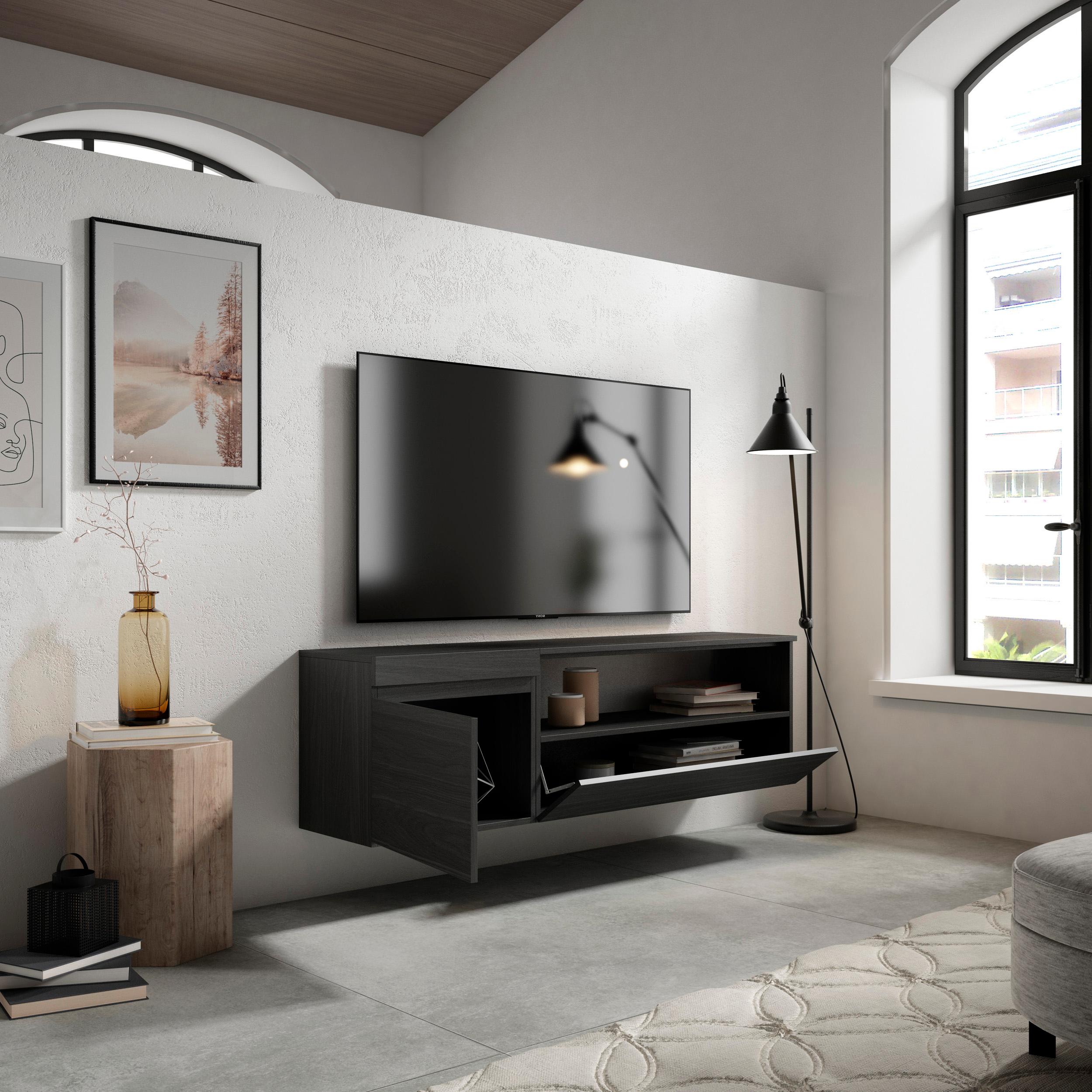 Mobile TV Soggiorno, 150x45x35cm, Per TV fino a 65", Sospeso, da appendere, Stile moderno, Nero