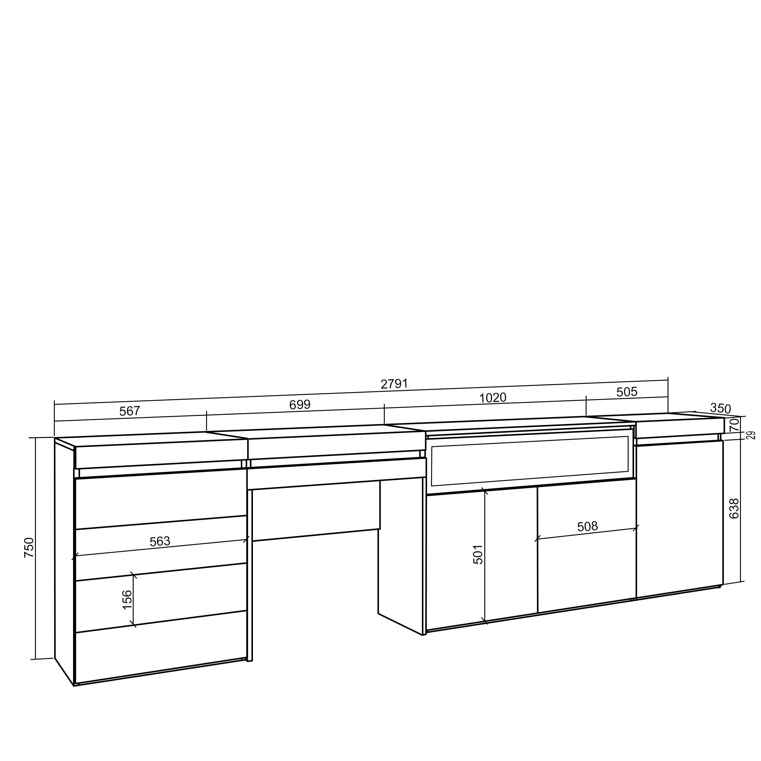 Credenza, 277x35x75 cm, Camera da letto, stanza, Camino elettrico, Cassettiera, Tavolo da toeletta, Bianco , RF3405