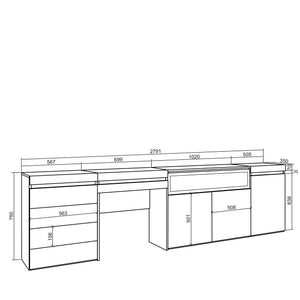 Credenza, 277x35x75 cm, Camera da letto, stanza, Camino elettrico, Cassettiera, Tavolo da toeletta, Bianco , RF3405