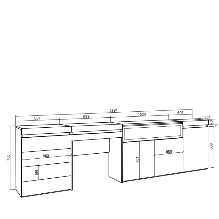 Credenza, 277x35x75 cm, Camera da letto, stanza, Camino elettrico, Cassettiera, Tavolo da toeletta, Bianco , RF3405