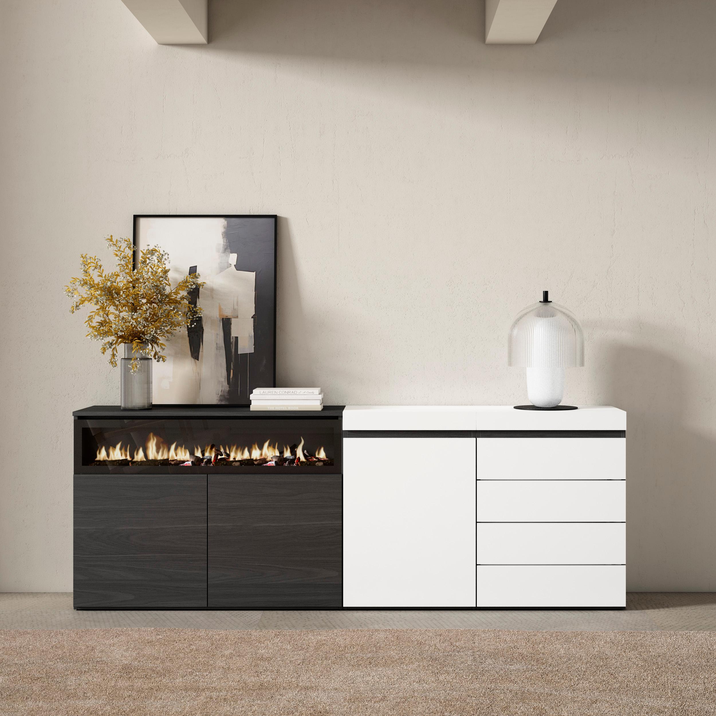 Credenza, 207x35x75 cm, Camera da letto, stanza, Camino elettrico, Cassettiera, Bianco , RF3404