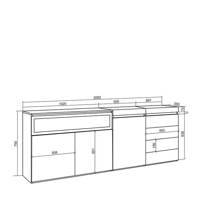 Credenza, 207x35x75 cm, Camera da letto, stanza, Camino elettrico, Cassettiera, Bianco , RF3404