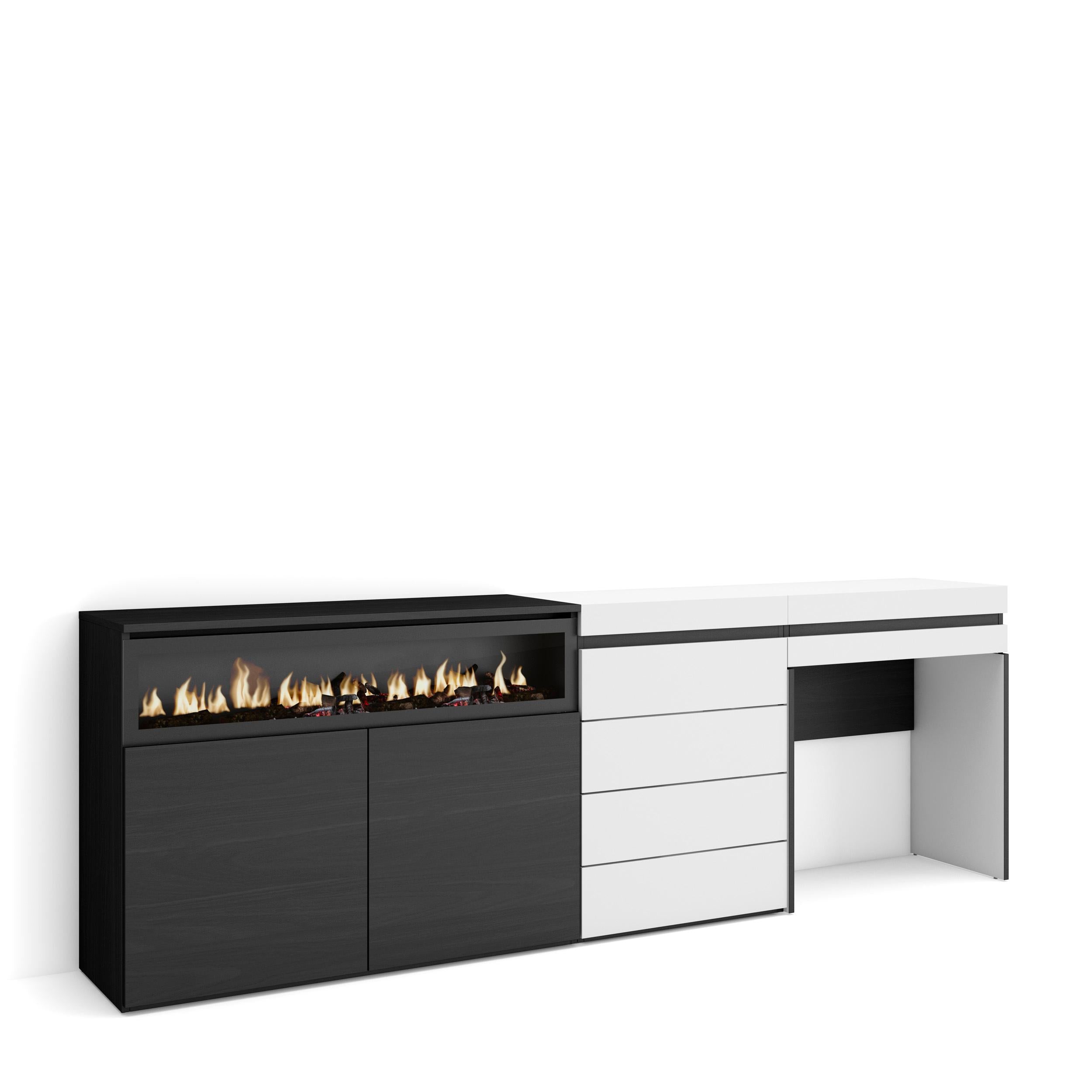 Credenza, 227x35x75 cm, Camera da letto, stanza, Camino elettrico, Cassettiera, Tavolo da toeletta, Bianco , RF3403