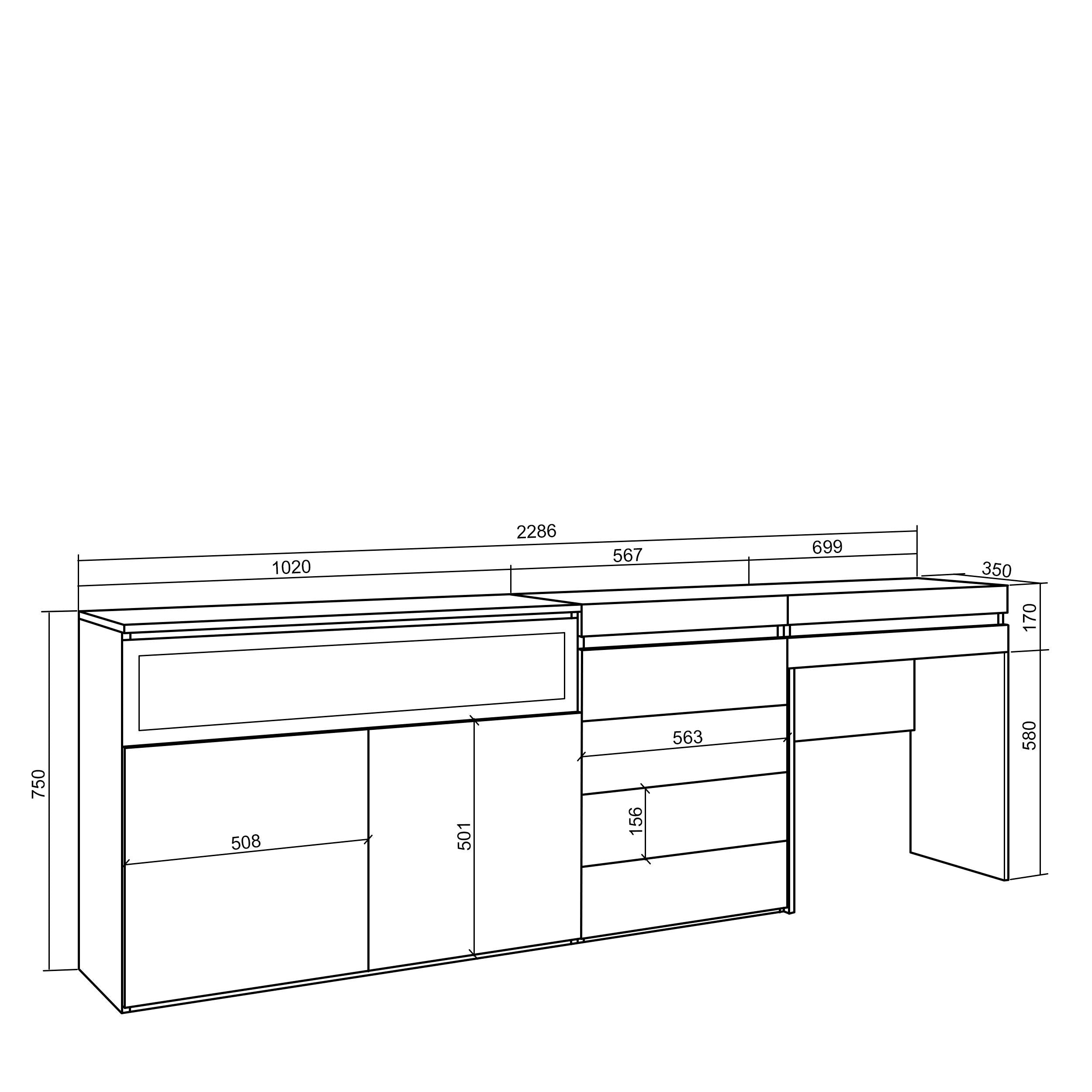 Credenza, 227x35x75 cm, Camera da letto, stanza, Camino elettrico, Cassettiera, Tavolo da toeletta, Bianco , RF3403