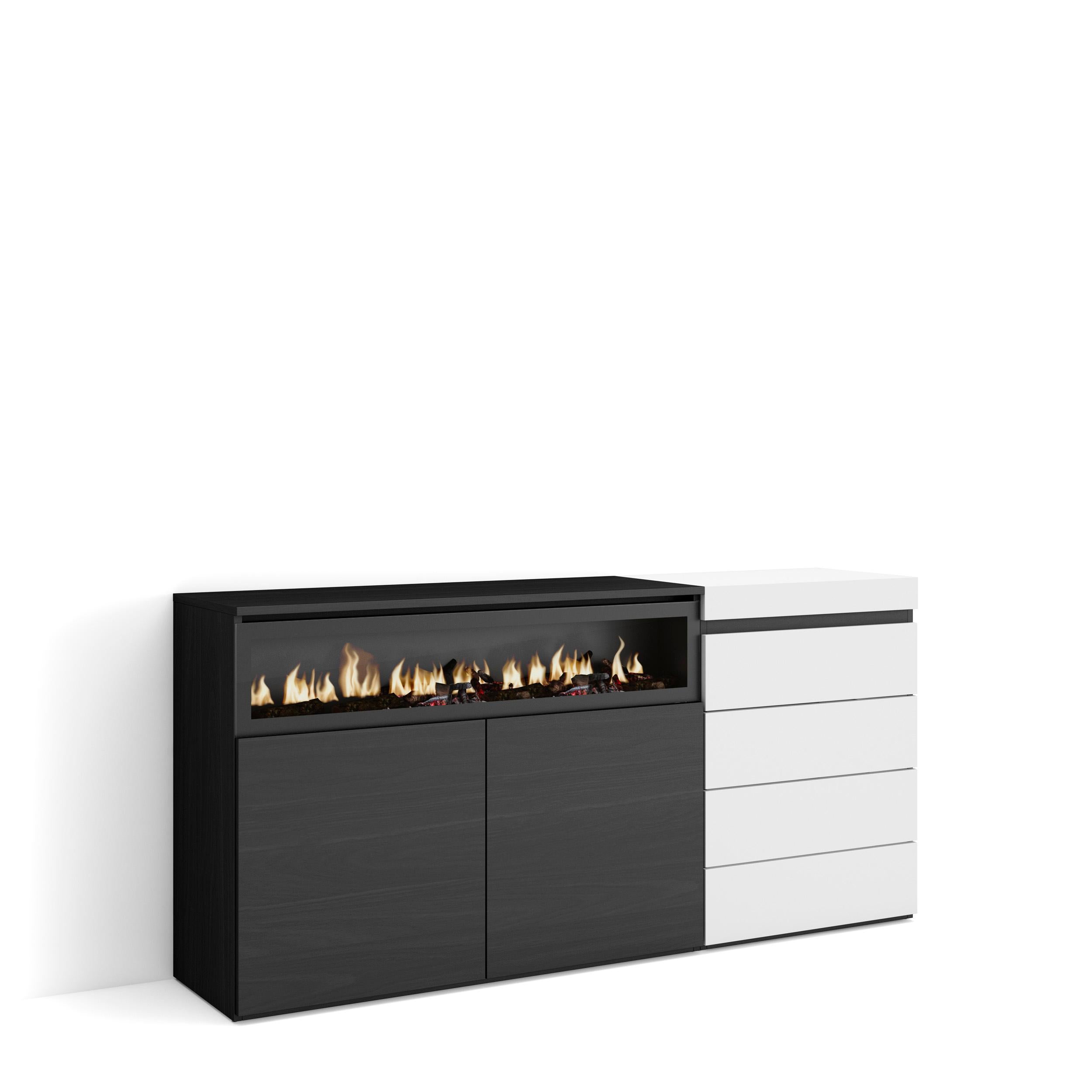 Credenza, 157x35x75cm, Camera da letto, Camino elettrico, Cassettiera, Bianco RF3402